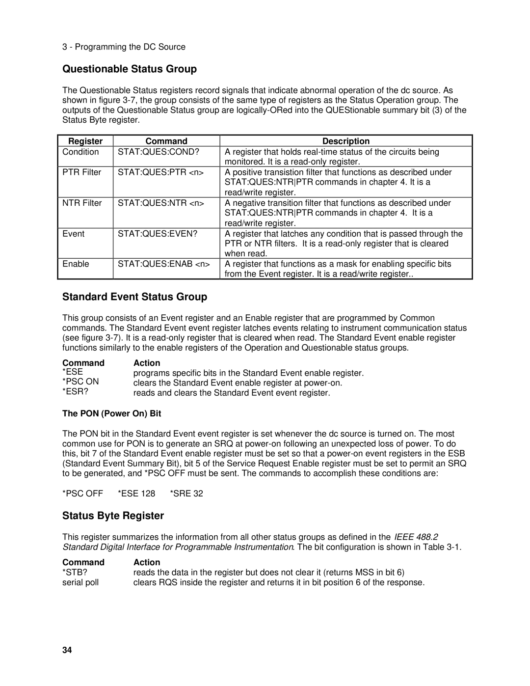 Agilent Technologies 6614C, 6634B, 66332A manual Questionable Status Group, Standard Event Status Group, Status Byte Register 