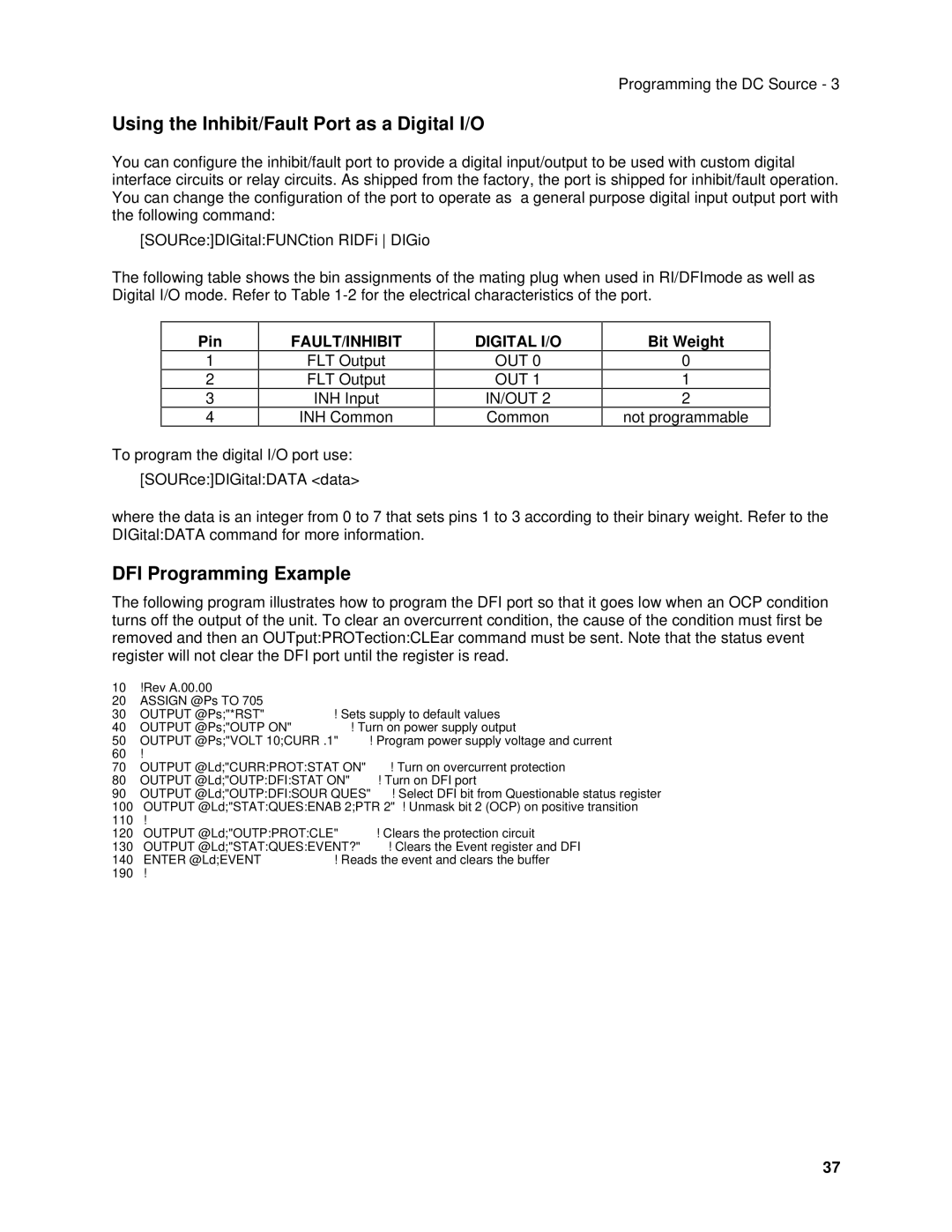 Agilent Technologies 66312A, 6634B Using the Inhibit/Fault Port as a Digital I/O, DFI Programming Example, Pin, Out In/Out 