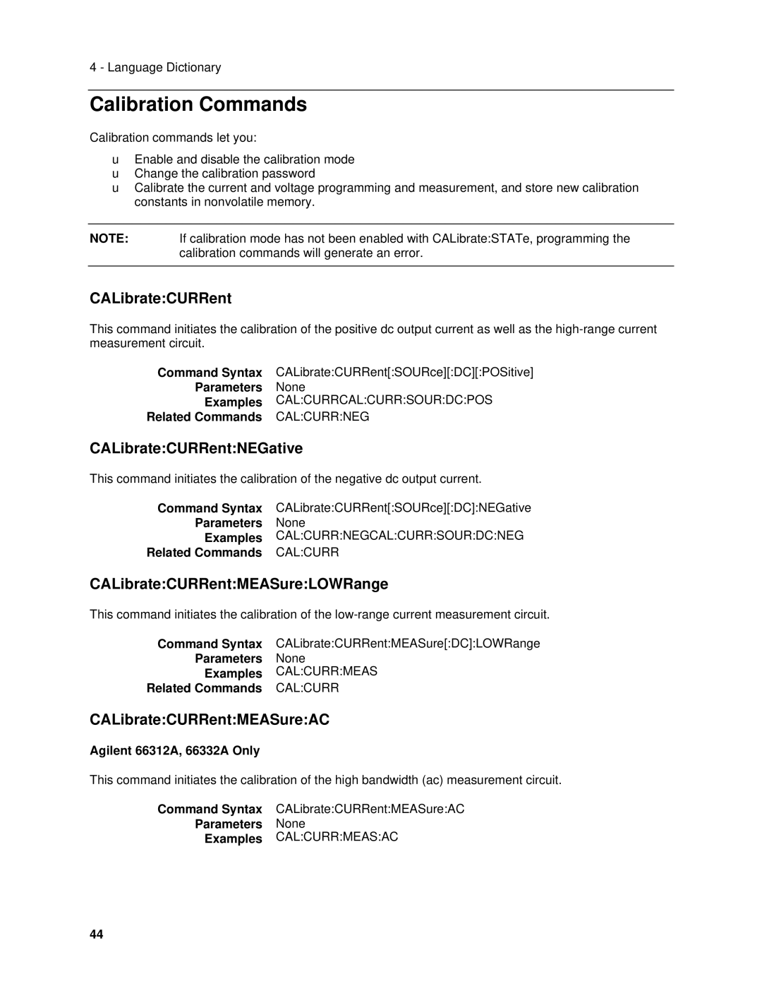 Agilent Technologies 6614C, 6634B manual Calibration Commands, CALibrateCURRentNEGative, CALibrateCURRentMEASureLOWRange 