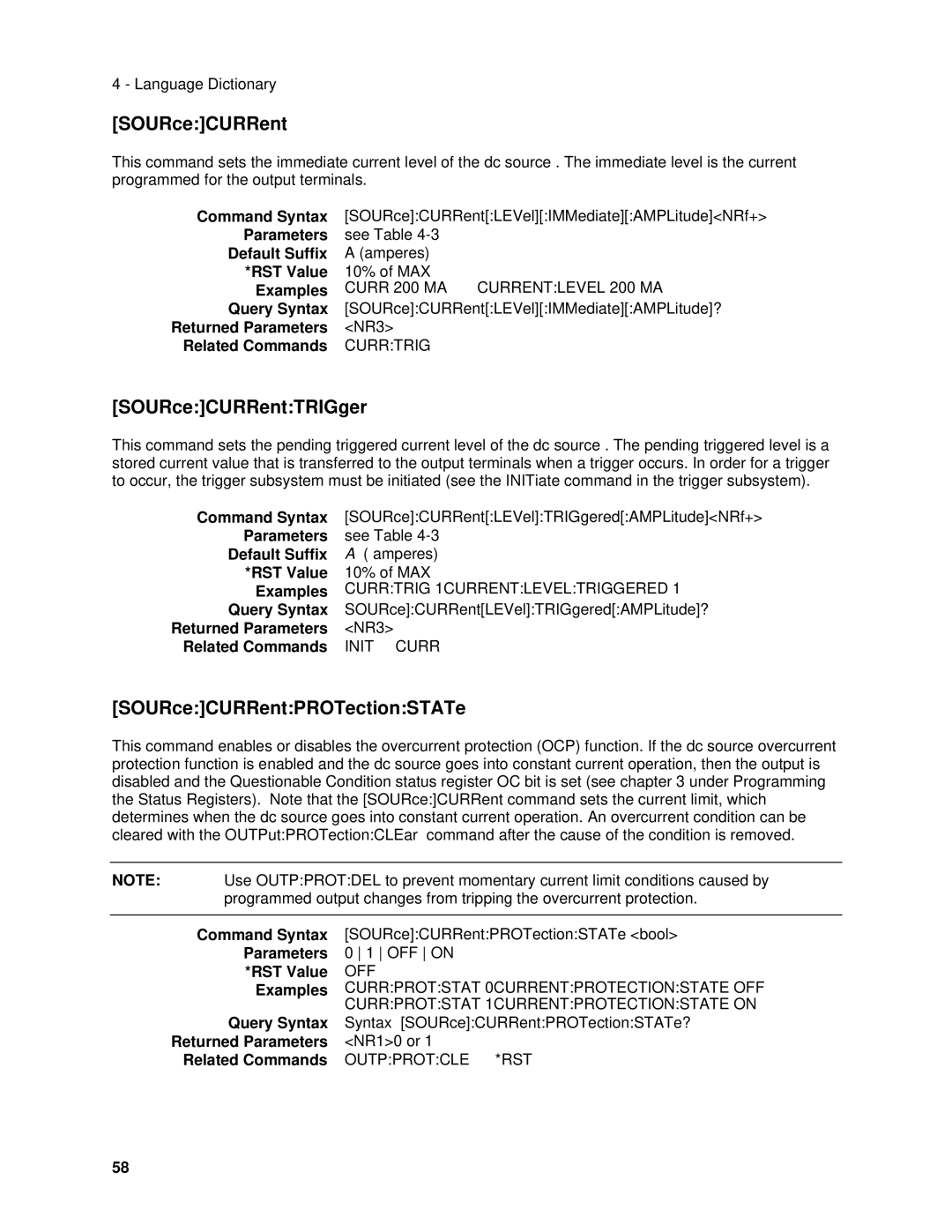 Agilent Technologies 6612C, 6634B, 66332A, 6633B manual SOURceCURRentTRIGger, SOURceCURRentPROTectionSTATe, Default Suffix 