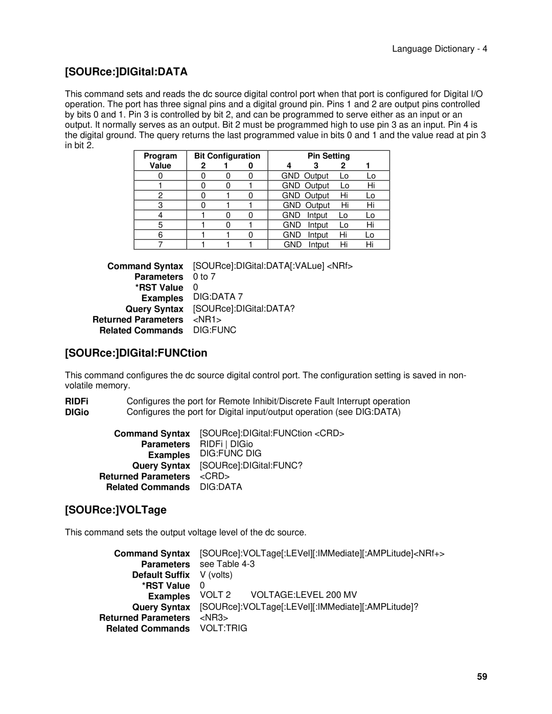 Agilent Technologies 6611C, 6634B, 66332A, 6633B SOURceDIGitalFUNCtion, SOURceVOLTage, Query Syntax SOURceDIGitalDATA? 