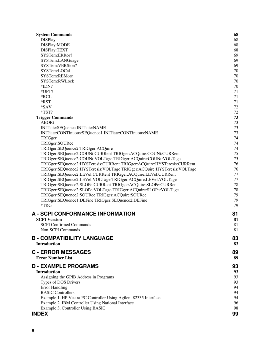 Agilent Technologies 6631B Scpi Conformance Information, Compatibility Language, Error Messages, Example Programs, Index 