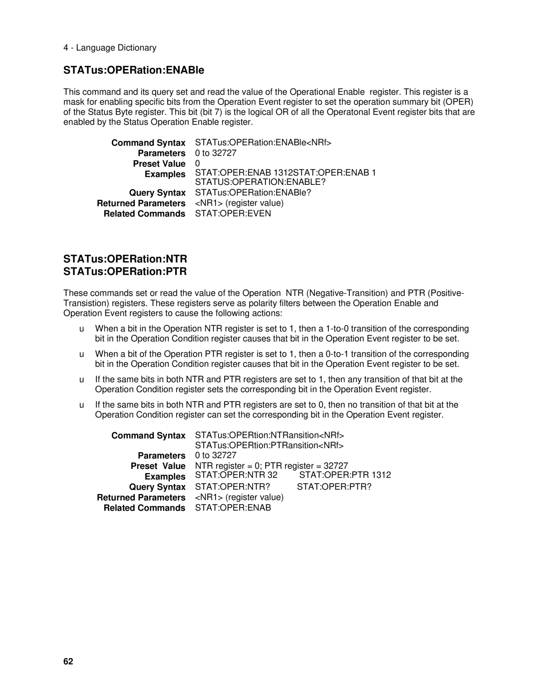 Agilent Technologies 6633B, 6634B STATusOPERationENABle, STATusOPERationNTR STATusOPERationPTR, Parameters Preset Value 