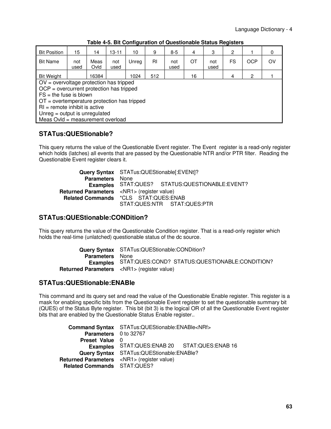 Agilent Technologies 6632B, 6634B, 66332A, 6633B STATusQUEStionable?, STATusQUEStionableCONDition?, STATusQUEStionableENABle 