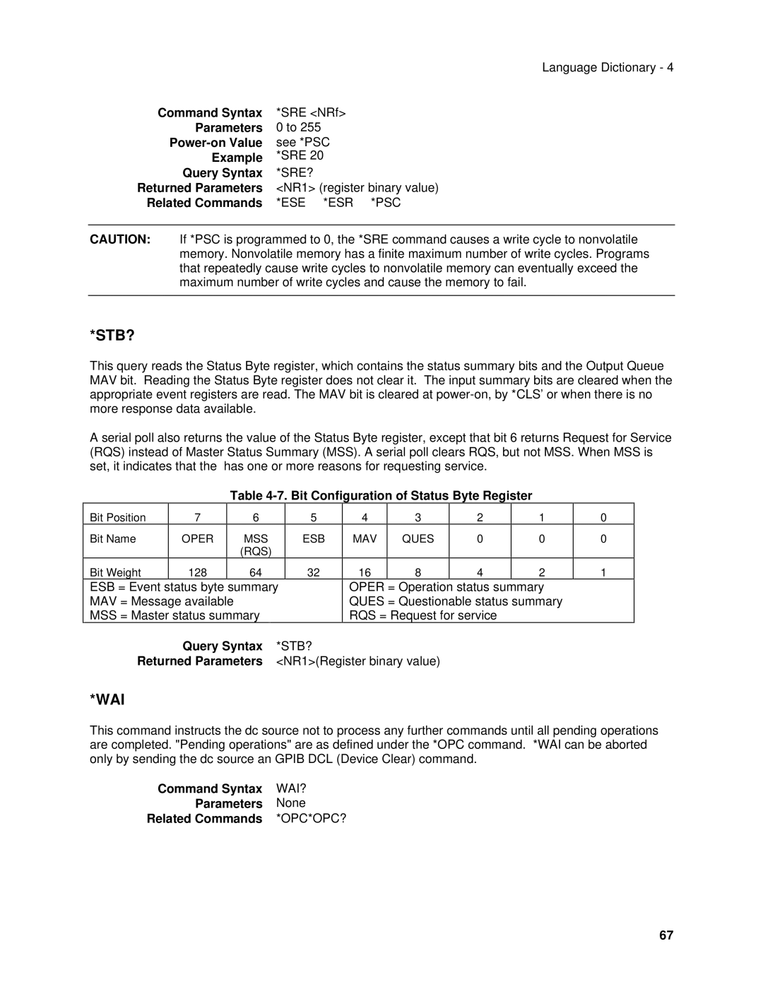 Agilent Technologies 66312A, 6634B, 66332A Stb?, Wai, NR1 register binary value, Bit Configuration of Status Byte Register 