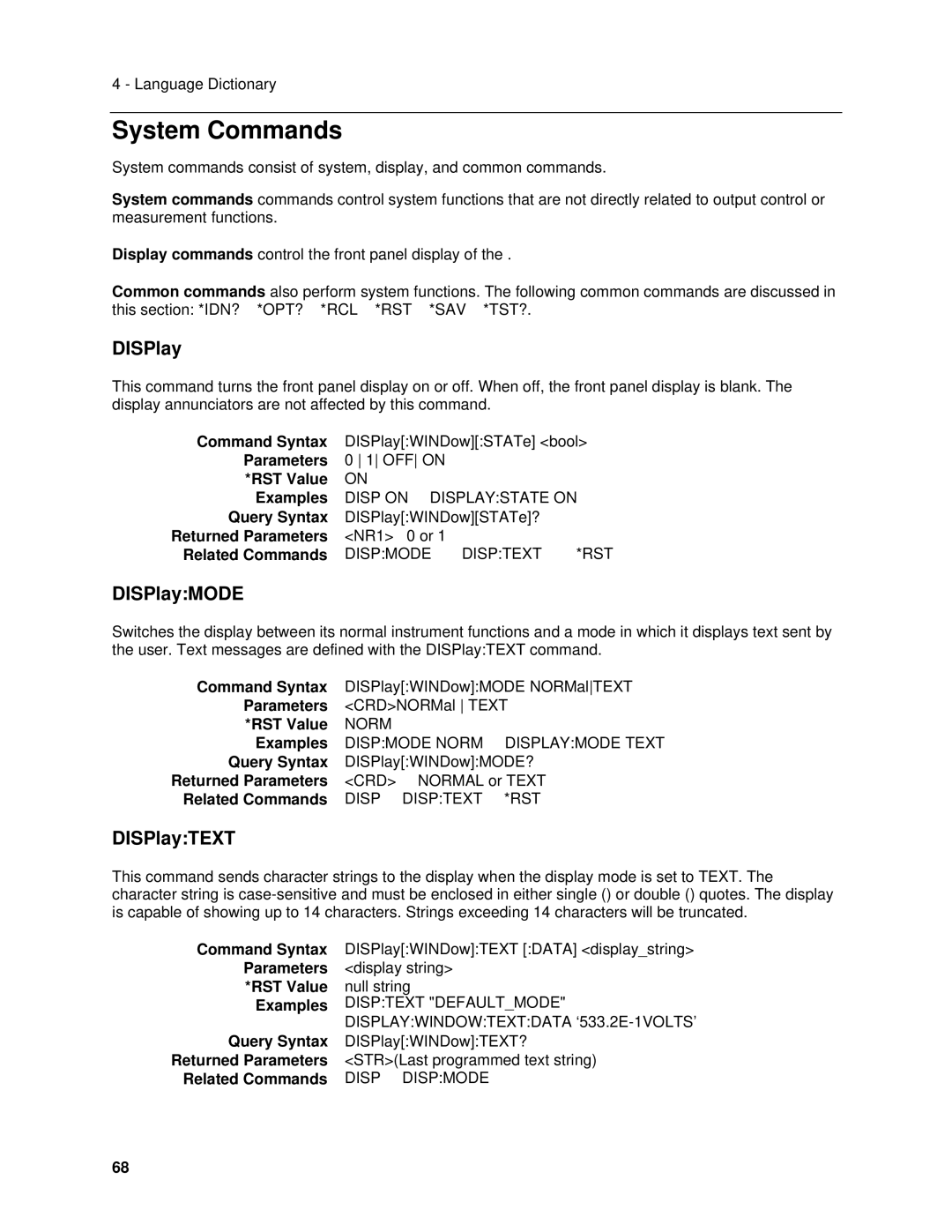 Agilent Technologies 6612C, 6634B, 66332A, 6633B, 6632B, 6614C, 6613C, 6631B, 6611C System Commands, DISPlayMODE, DISPlayTEXT 