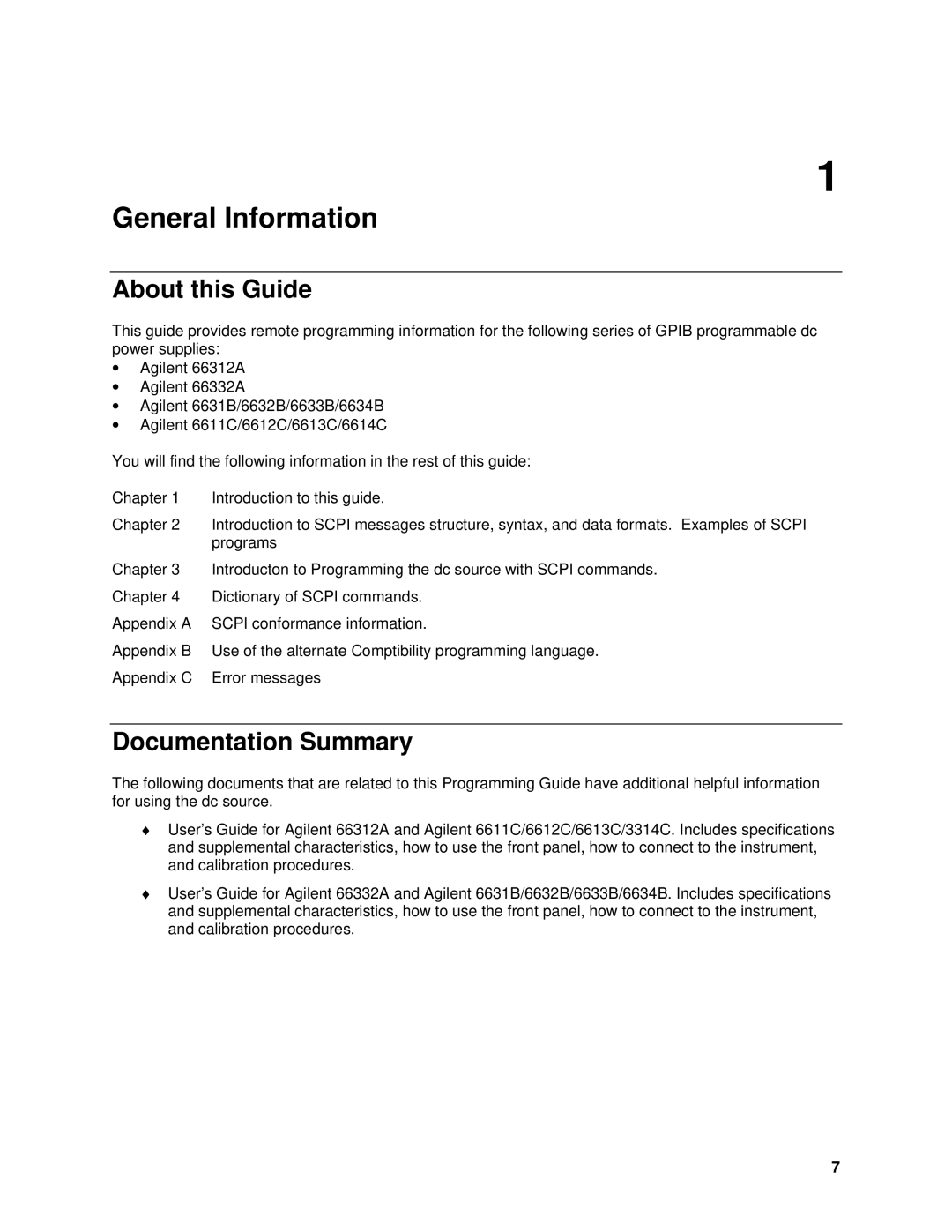 Agilent Technologies 66312A, 6634B, 66332A, 6633B, 6632B, 6614C, 6613C, 6631B, 6612C manual About this Guide, Documentation Summary 