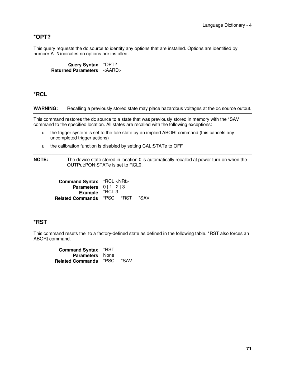 Agilent Technologies 66332A, 6634B, 6633B, 6632B, 6614C, 6613C Opt?, Rcl, Rst, Query Syntax *OPT? Returned Parameters Aard 