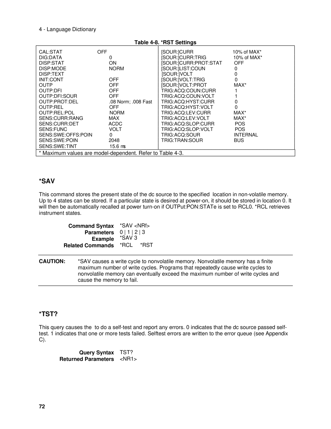 Agilent Technologies 6633B, 6634B, 66332A, 6632B, 6614C Sav, Tst?, RST Settings, Command Syntax SAV NRf Parameters Example 