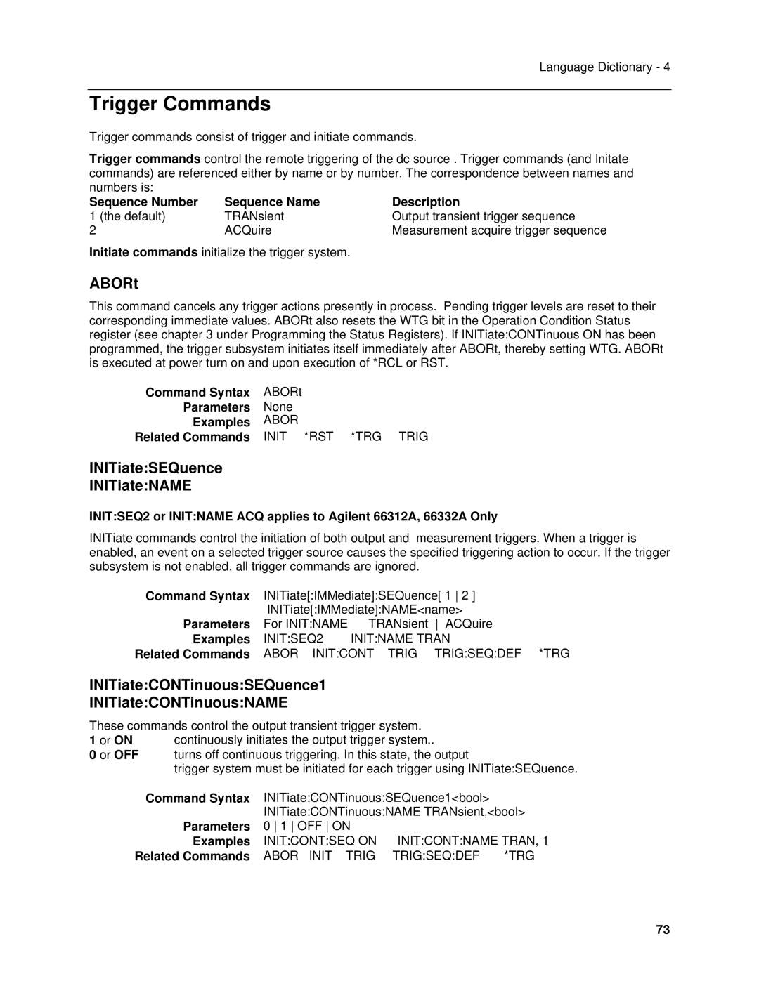 Agilent Technologies 6632B, 6634B, 66332A, 6633B, 6614C, 6613C, 6631B Trigger Commands, ABORt, INITiateSEQuence INITiateNAME 