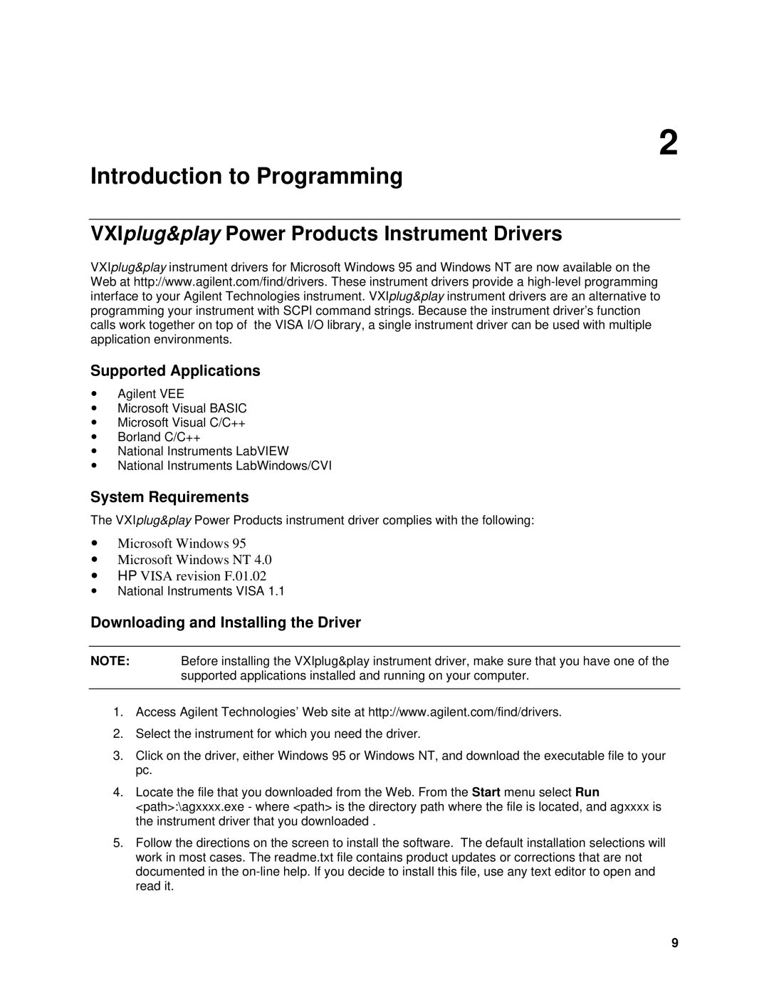 Agilent Technologies 6611C VXIplug&play Power Products Instrument Drivers, Supported Applications, System Requirements 