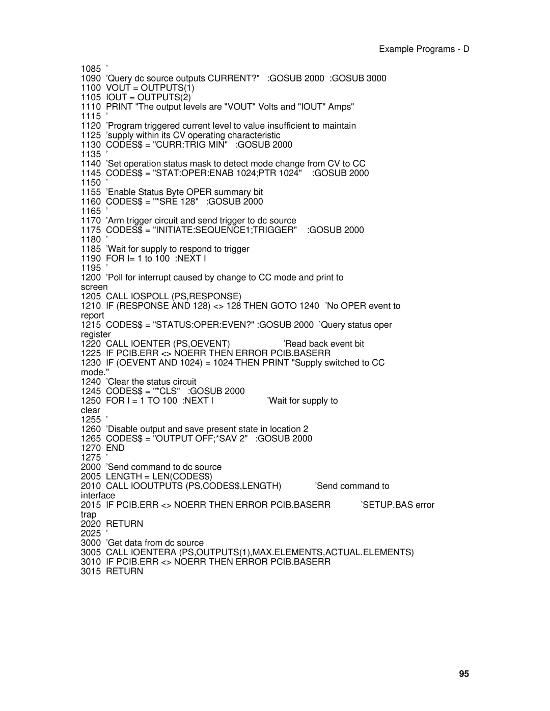 Agilent Technologies 6613C, 6634B, 66332A, 6633B, 6632B, 6614C, 6631B, 66312A, 6612C, 6611C manual Example Programs D 