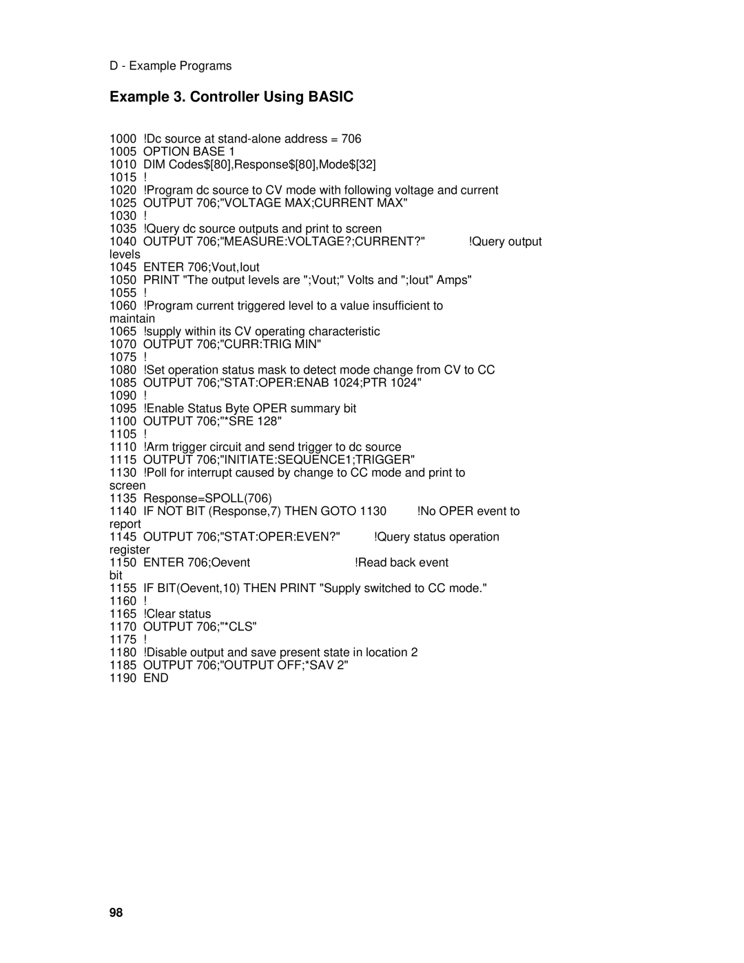 Agilent Technologies 6612C, 6634B, 66332A, 6633B, 6632B, 6614C, 6613C, 6631B manual Example 3. Controller Using Basic, Option Base 