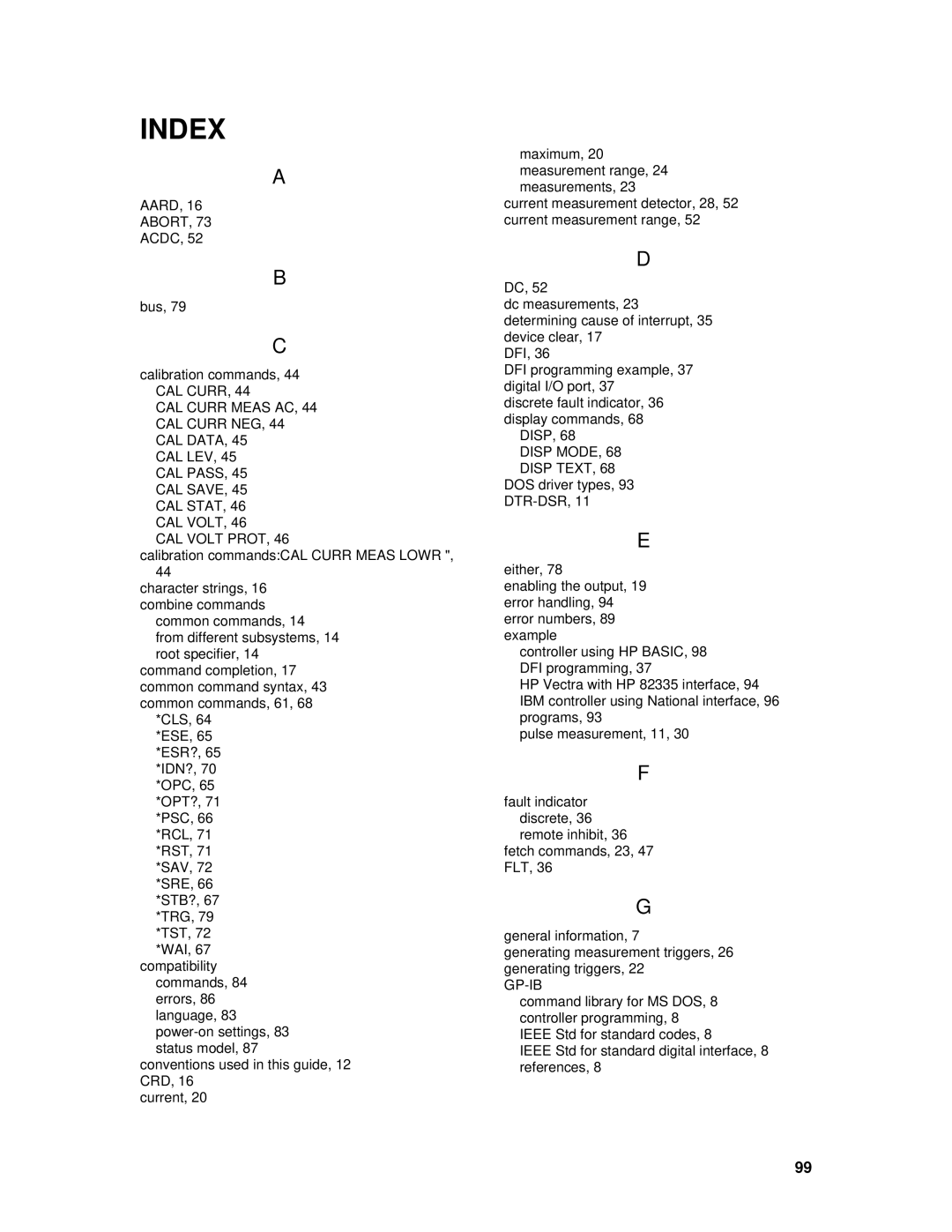 Agilent Technologies 6611C, 6634B, 66332A, 6633B, 6632B, 6614C, 6613C, 6631B, 66312A, 6612C manual Index 