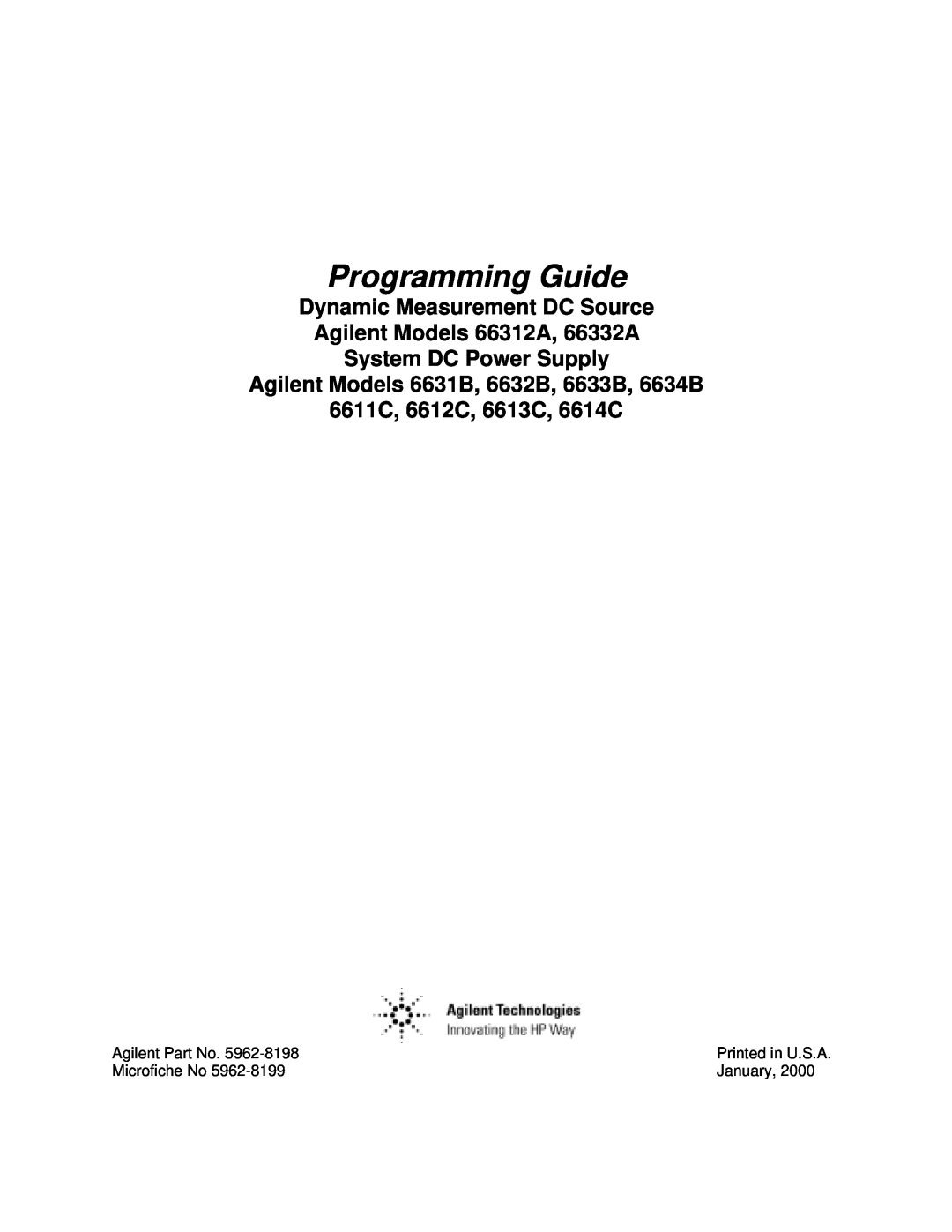 Agilent Technologies 6634B manual Programming Guide, Dynamic Measurement DC Source, Agilent Models 66312A, 66332A 