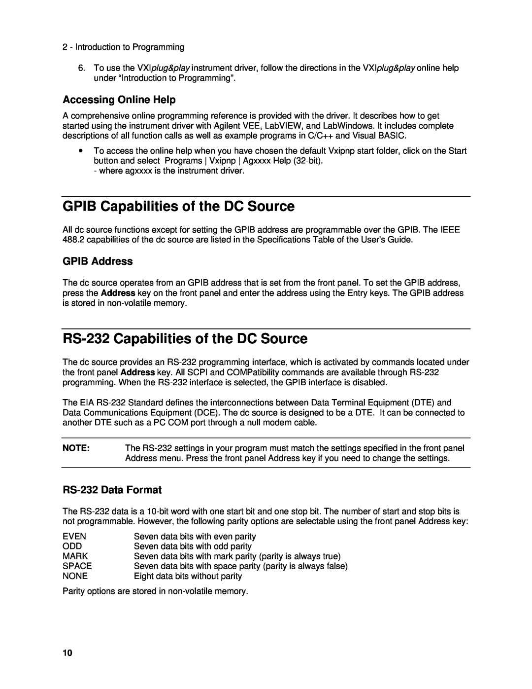 Agilent Technologies 6634B GPIB Capabilities of the DC Source, RS-232Capabilities of the DC Source, Accessing Online Help 