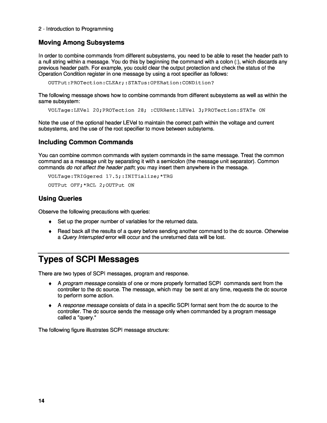 Agilent Technologies 6614C manual Types of SCPI Messages, Moving Among Subsystems, Including Common Commands, Using Queries 