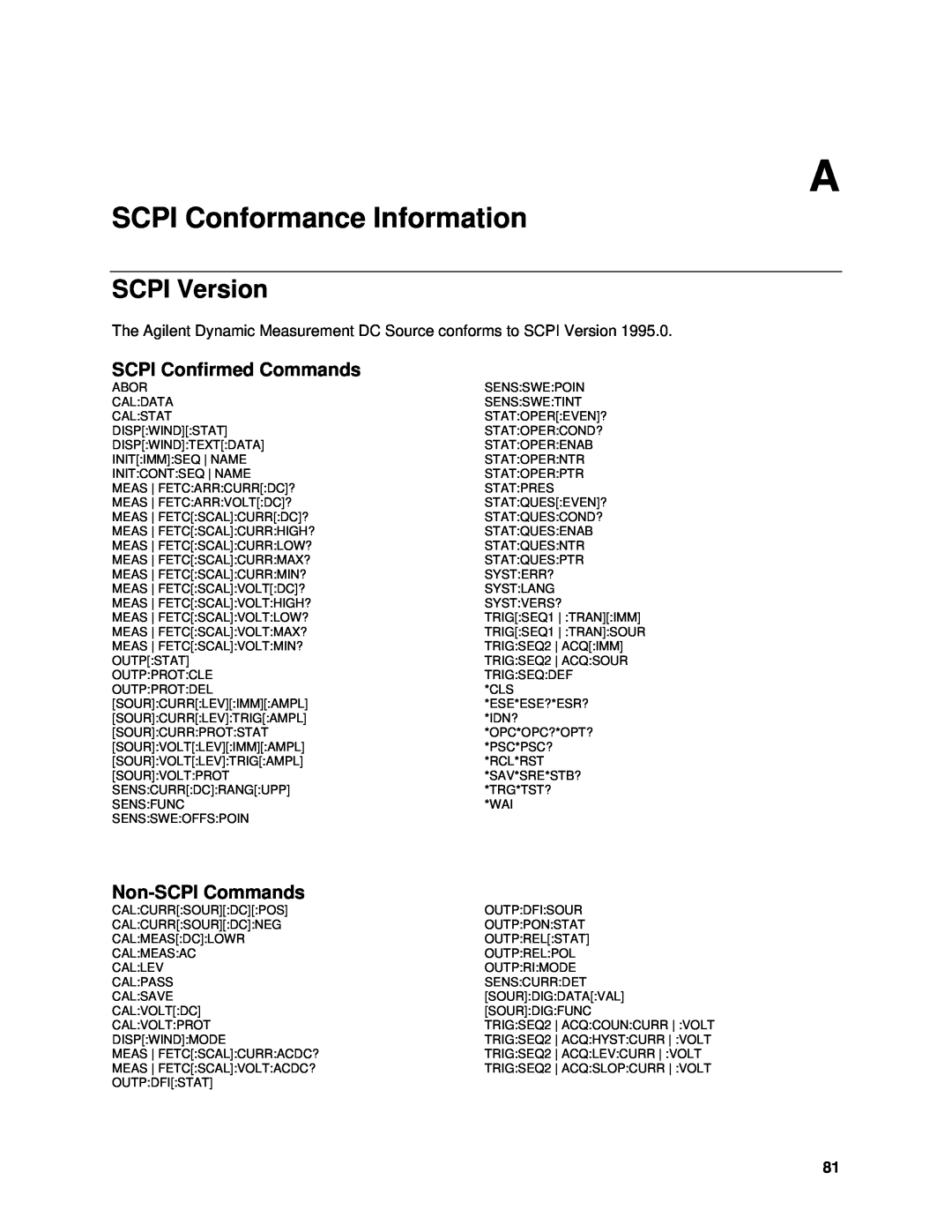 Agilent Technologies 66332A, 6634B SCPI Conformance Information, SCPI Version, SCPI Confirmed Commands, Non-SCPICommands 