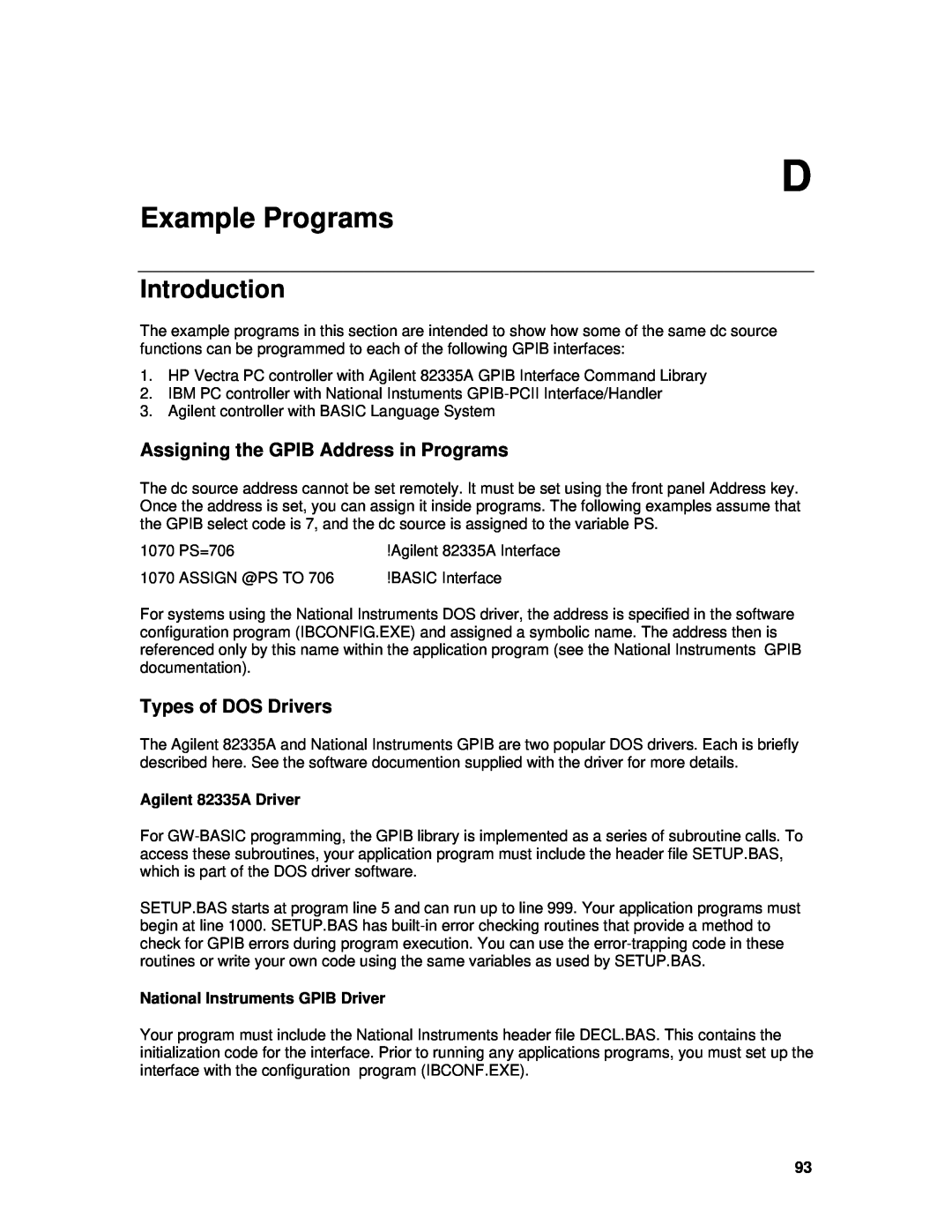 Agilent Technologies 6632B Example Programs, Assigning the GPIB Address in Programs, Types of DOS Drivers, Introduction 