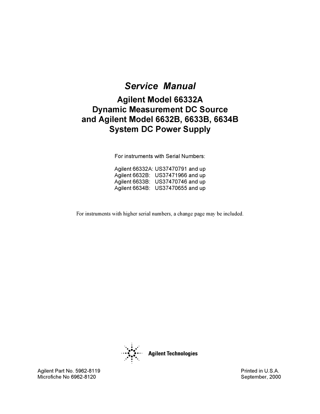 Agilent Technologies 66332A, 6634B, 6633B, 6632B service manual Agilent Part No Microfiche No September 