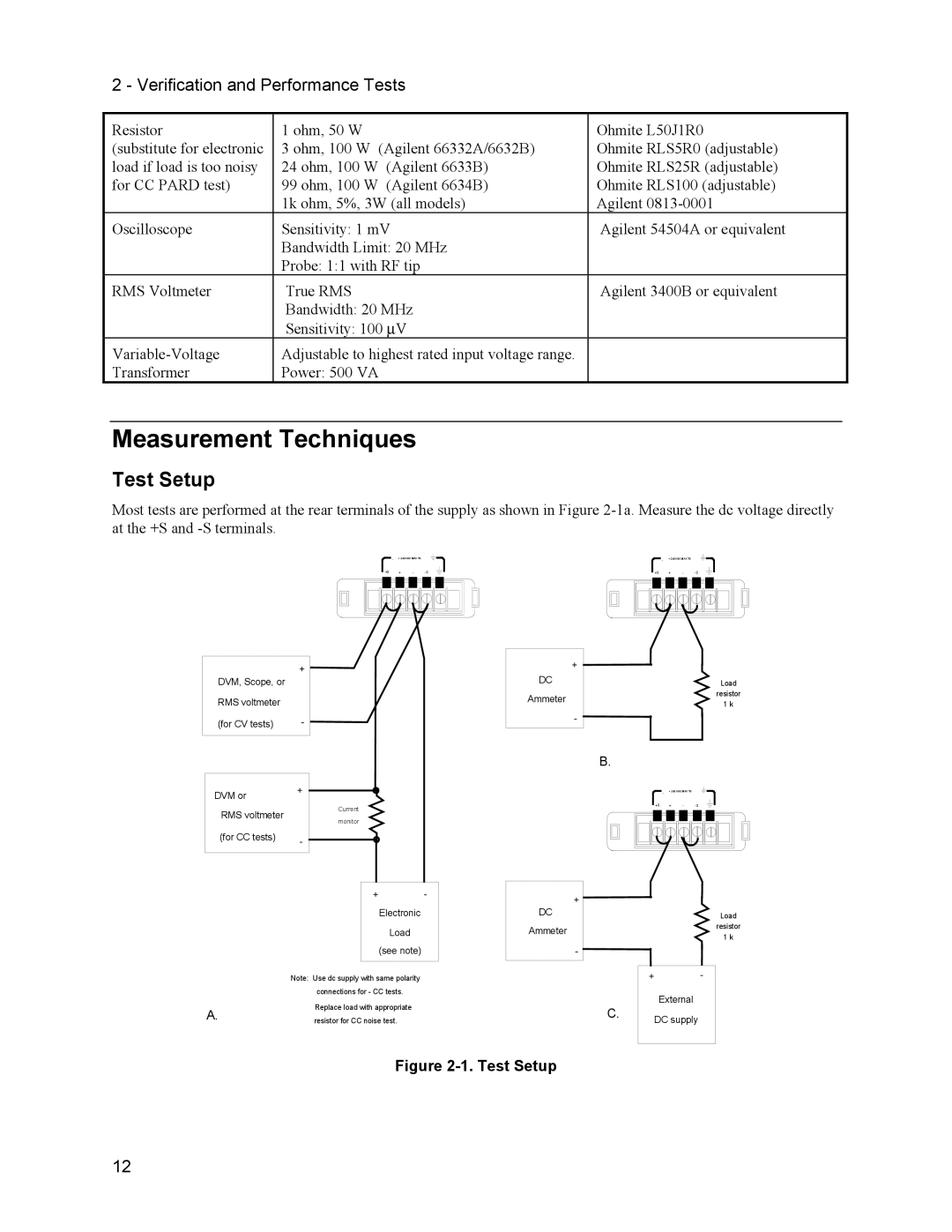 Agilent Technologies 6634B, 66332A, 6633B, 6632B service manual Measurement Techniques, Test Setup 