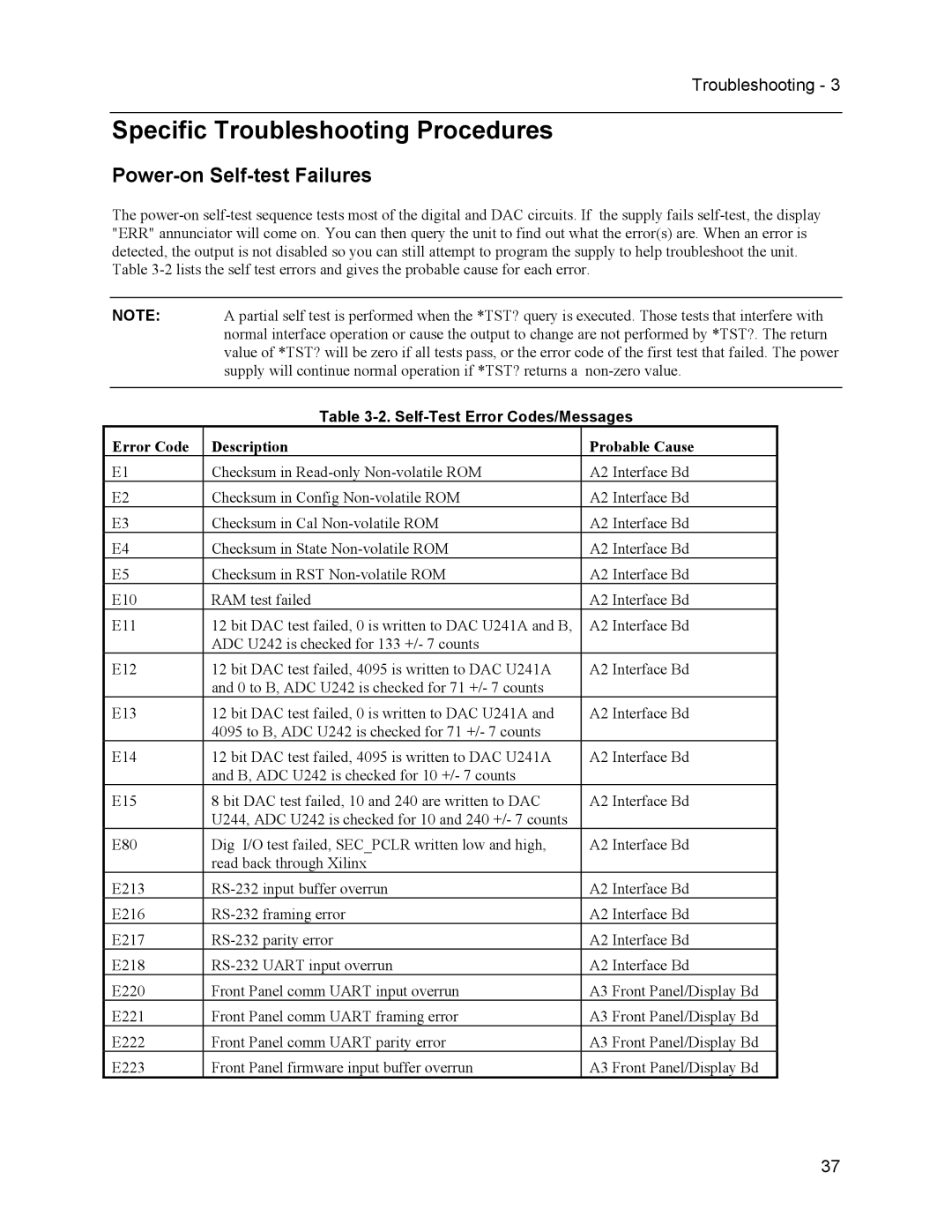 Agilent Technologies 66332A, 6634B, 6633B, 6632B Specific Troubleshooting Procedures, Power-on Self-test Failures 