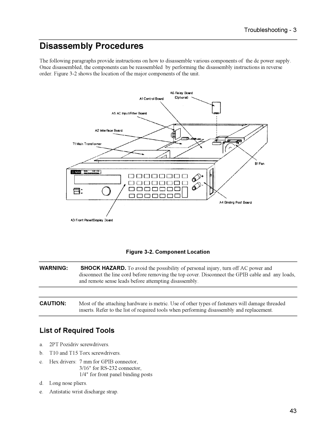 Agilent Technologies 6632B, 6634B, 66332A, 6633B service manual Disassembly Procedures, List of Required Tools 