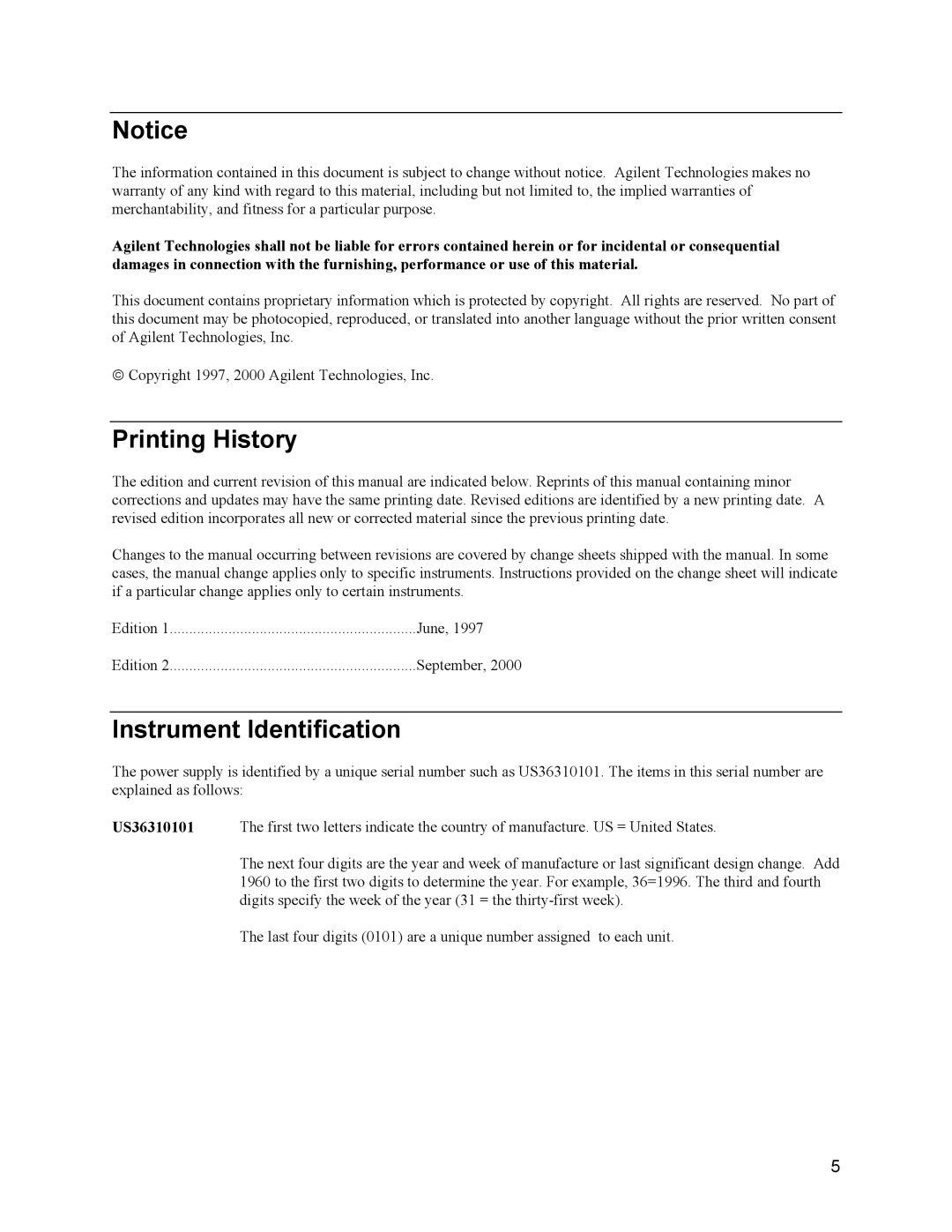 Agilent Technologies 66332A, 6634B, 6633B, 6632B service manual Printing History, Instrument Identification 