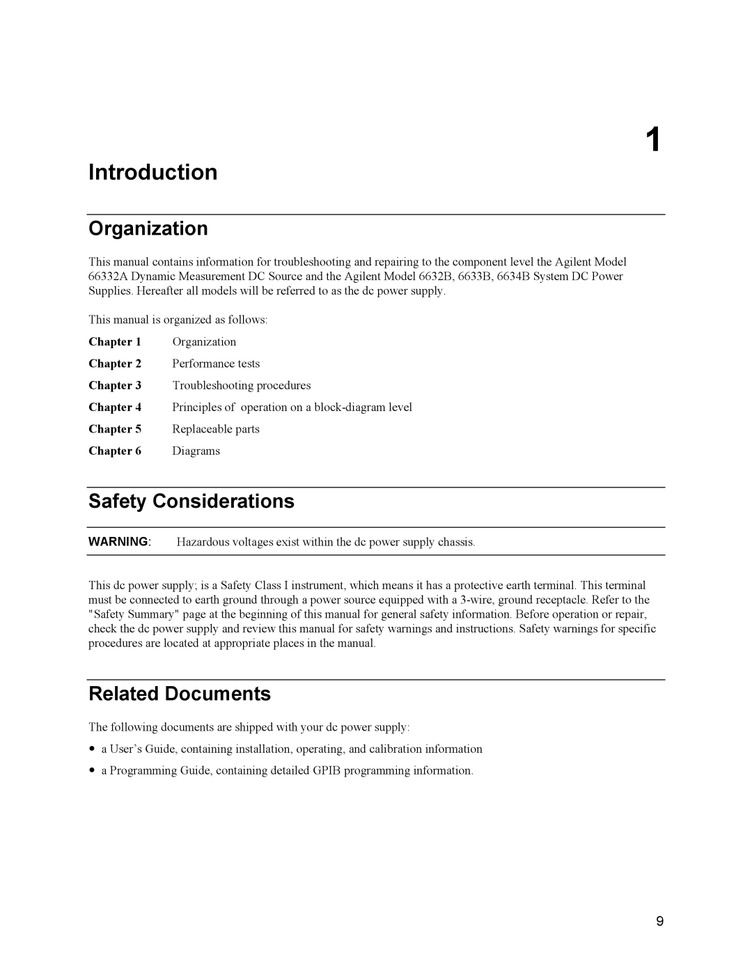 Agilent Technologies 66332A, 6634B, 6633B, 6632B Organization, Safety Considerations, Related Documents, Chapter 