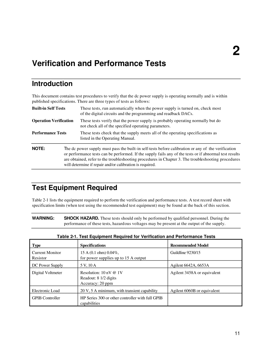 Agilent Technologies 6632B, 6634B, 6633B Introduction, Test Equipment Required, Built-in Self Tests, Operation Verification 