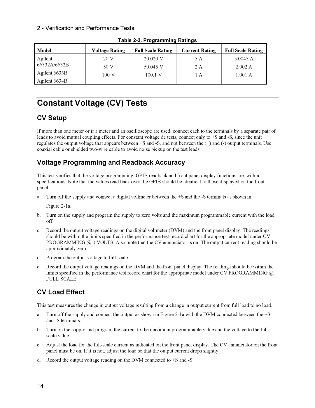 Agilent Technologies 6633B Constant Voltage CV Tests, CV Setup, Voltage Programming and Readback Accuracy, CV Load Effect 