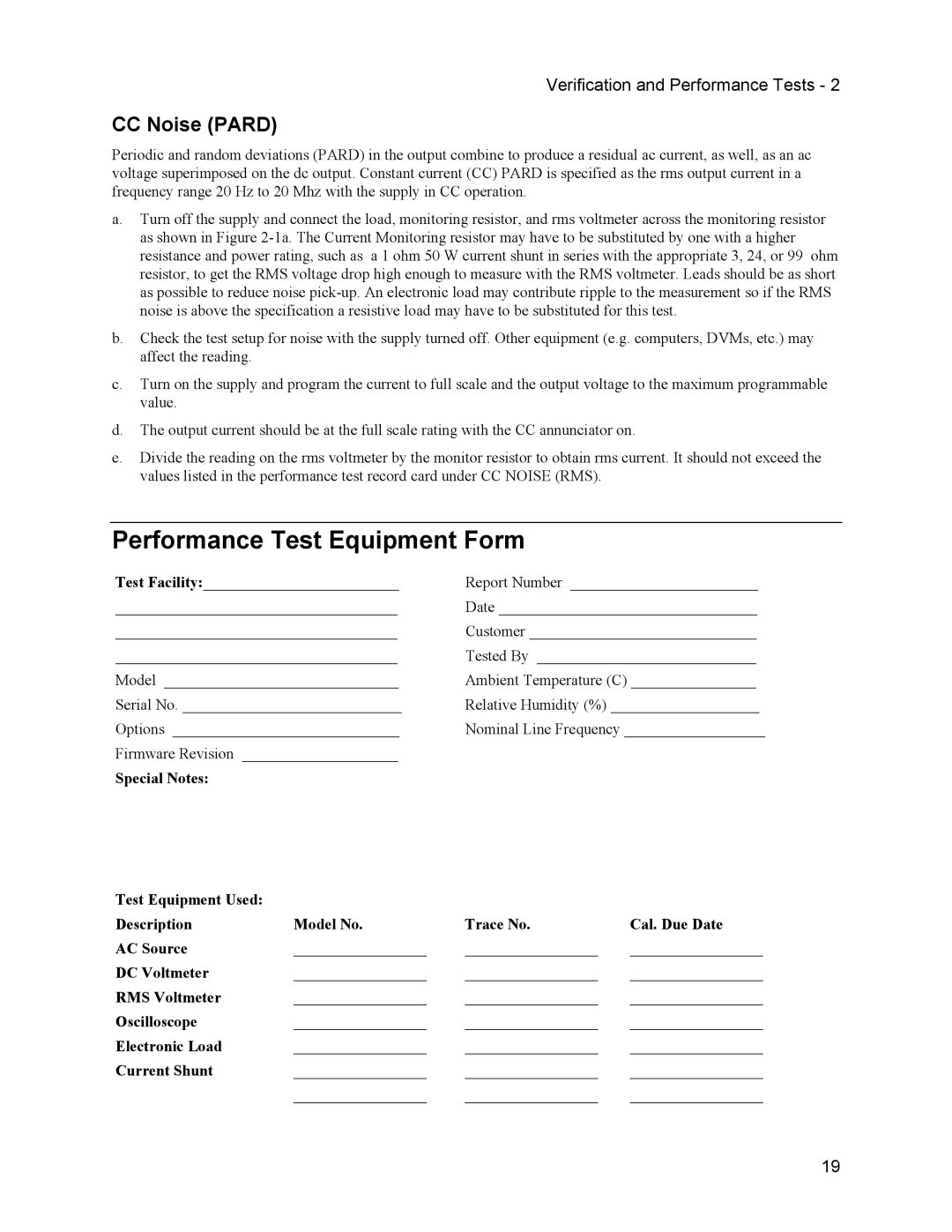 Agilent Technologies 6632B, 6634B, 66332A, 6633B service manual Performance Test Equipment Form, CC Noise Pard 