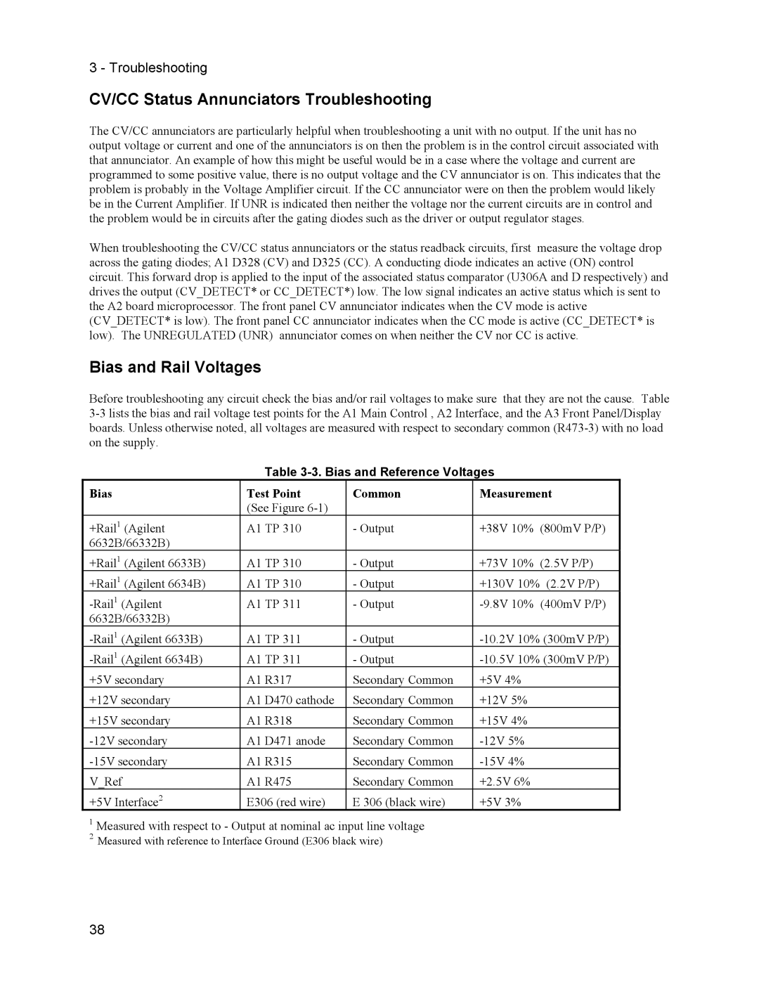 Agilent Technologies 6633B CV/CC Status Annunciators Troubleshooting, Bias and Rail Voltages, Bias and Reference Voltages 