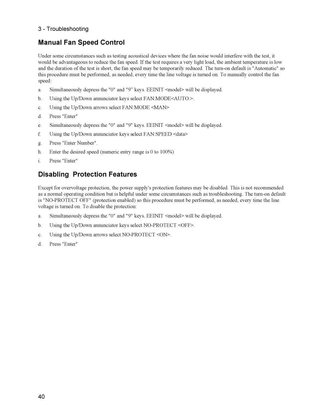 Agilent Technologies 6634B, 66332A, 6633B, 6632B service manual Manual Fan Speed Control, Disabling Protection Features 