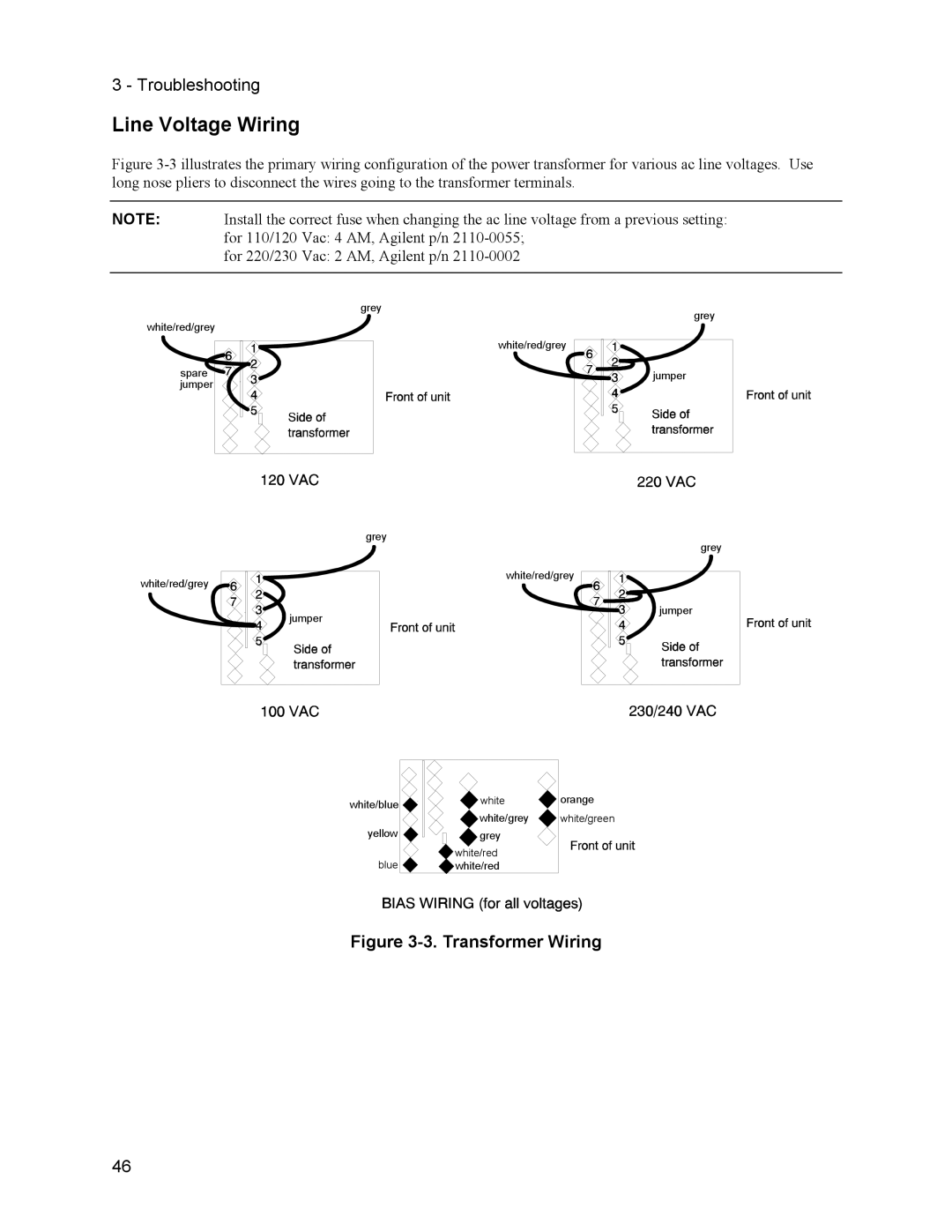 Agilent Technologies 6633B, 6634B, 66332A, 6632B service manual Line Voltage Wiring, Transformer Wiring 