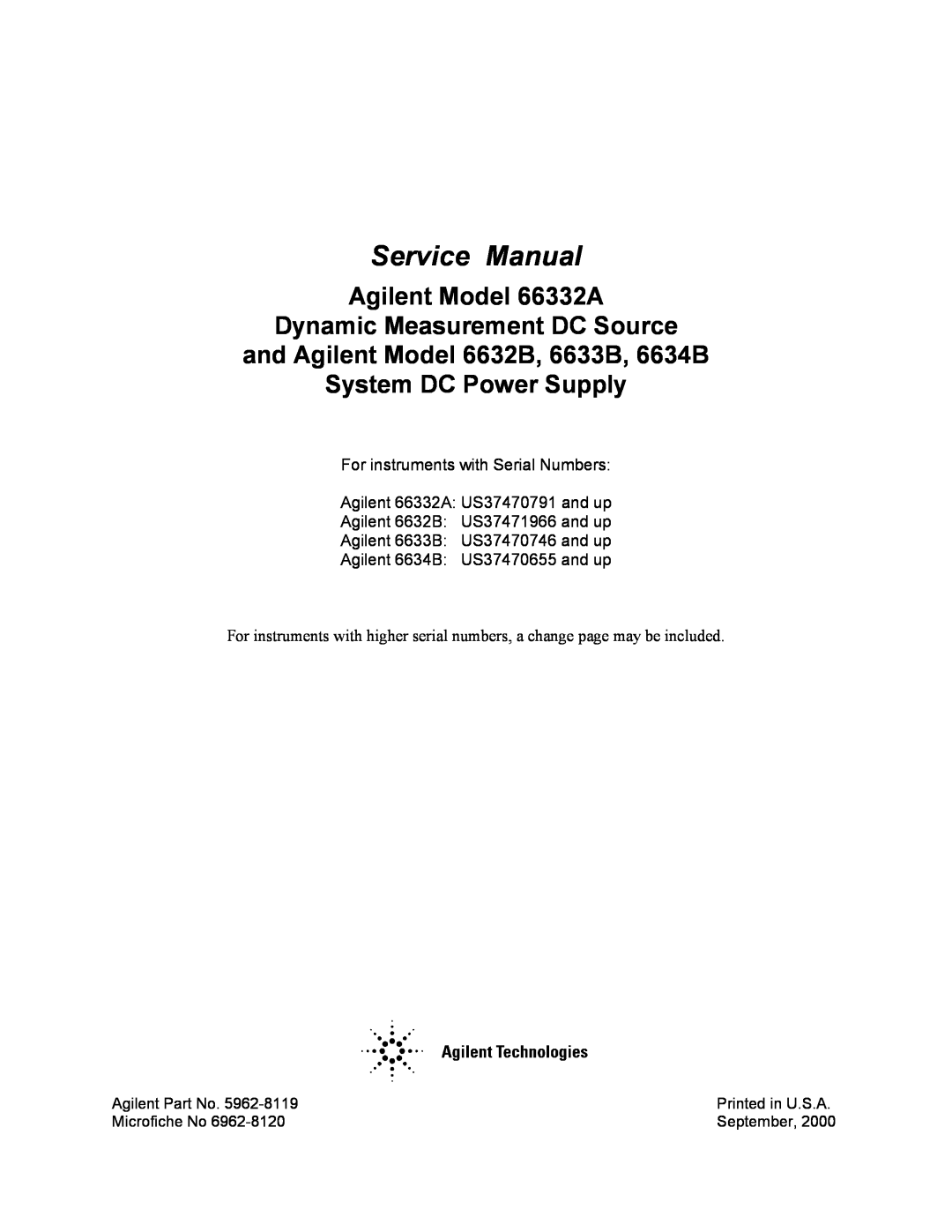Agilent Technologies 6634B service manual Agilent Model 66332A, Dynamic Measurement DC Source, System DC Power Supply 
