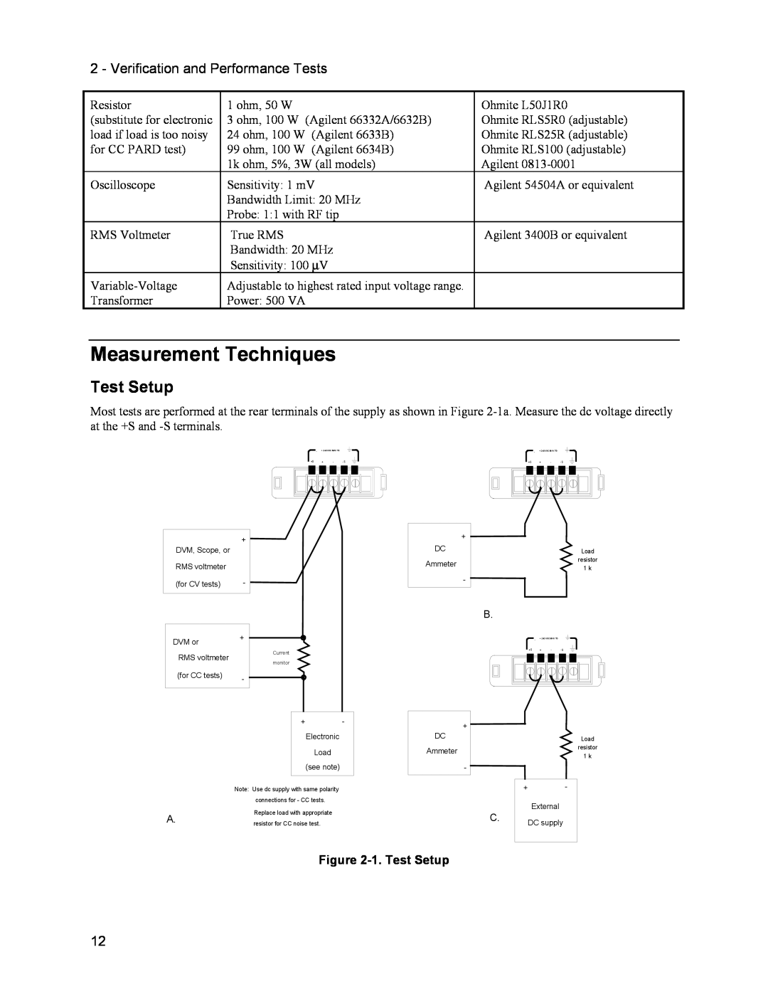 Agilent Technologies 6634B, 66332A, 6633B Measurement Techniques, Verification and Performance Tests, 1.Test Setup 