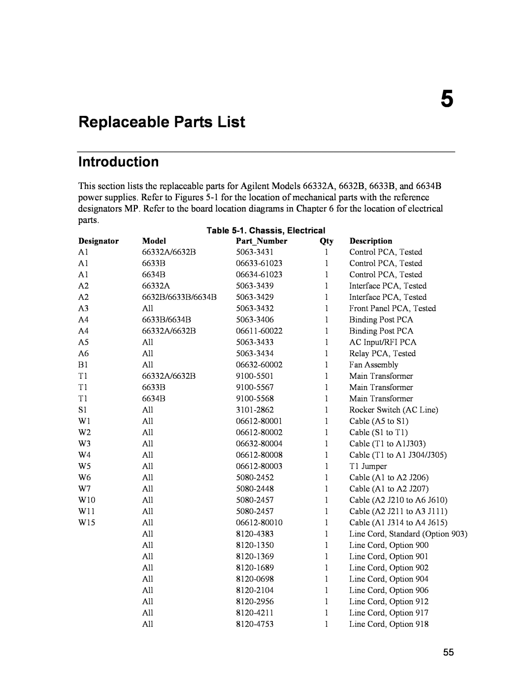 Agilent Technologies 6632B, 6634B, 66332A, 6633B service manual Replaceable Parts List, Introduction, 1.Chassis, Electrical 