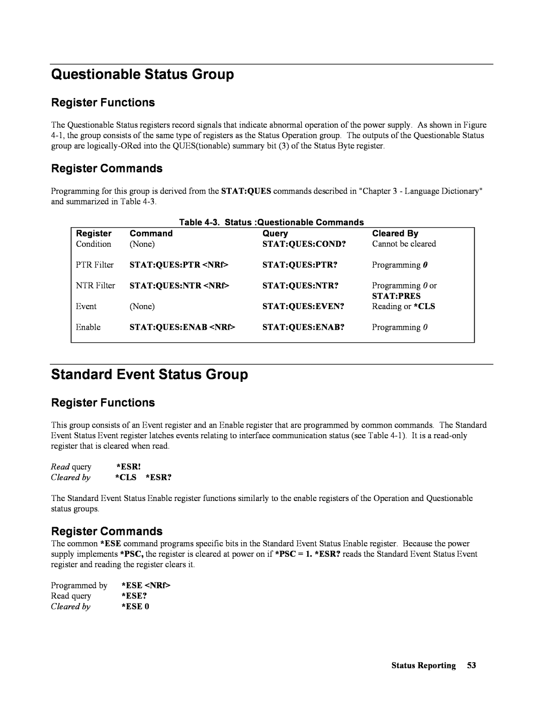 Agilent Technologies 664xA Questionable Status Group, Standard Event Status Group, Register Functions, Register Commands 