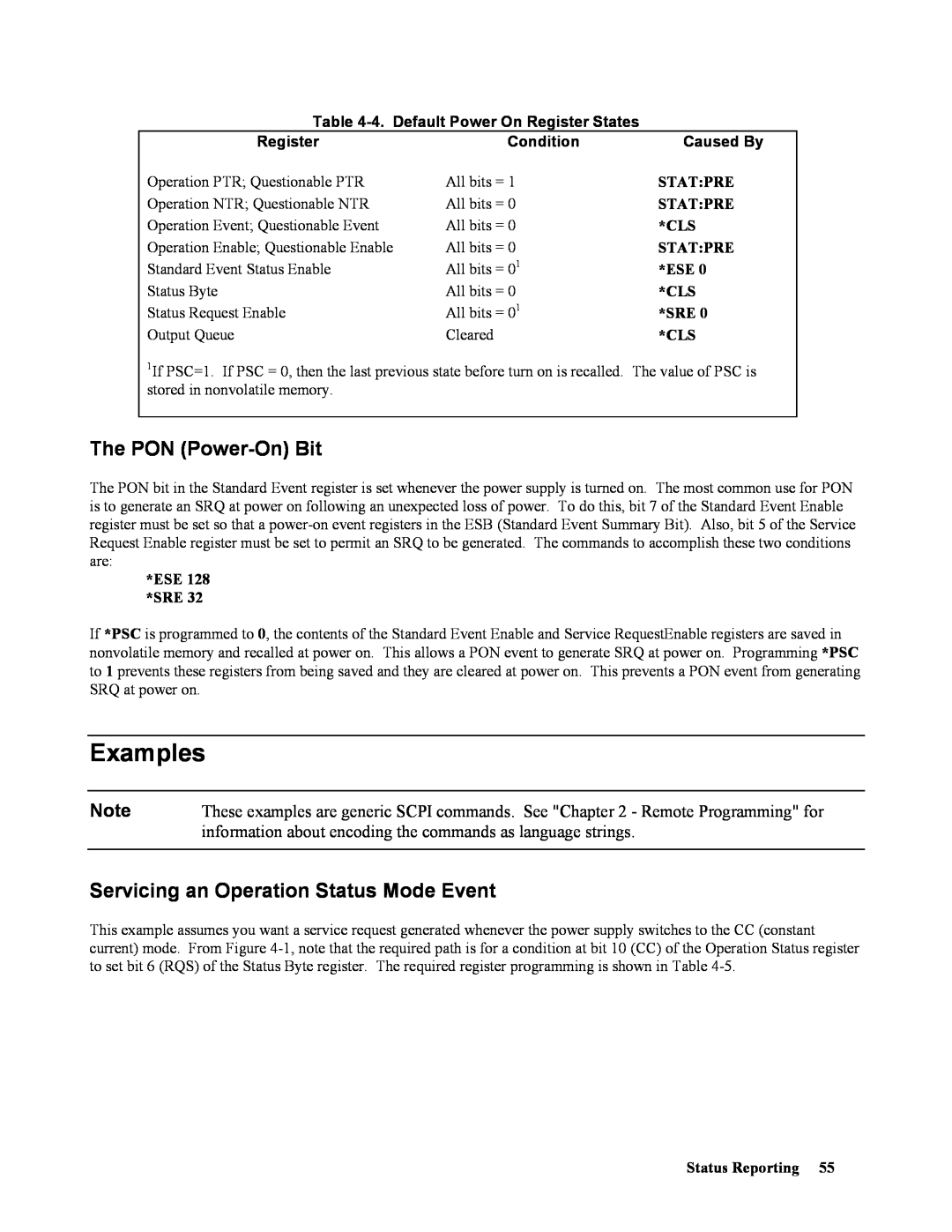 Agilent Technologies 669xA The PON Power-OnBit, Servicing an Operation Status Mode Event, Examples, Register, Condition 