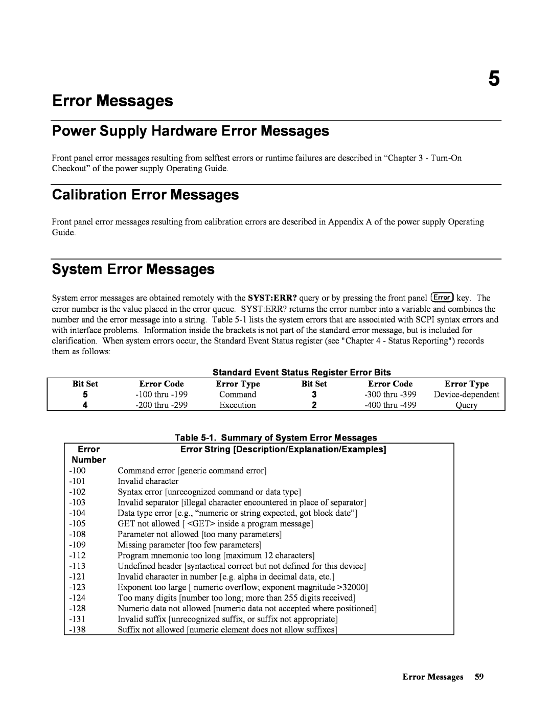 Agilent Technologies 664xA Power Supply Hardware Error Messages, Calibration Error Messages, System Error Messages 