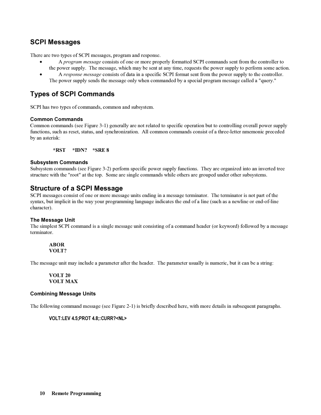 Agilent Technologies 665xA Scpi Messages, Types of Scpi Commands, Structure of a Scpi Message, Voltlev 4.5PROT 4.8CURR?NL 