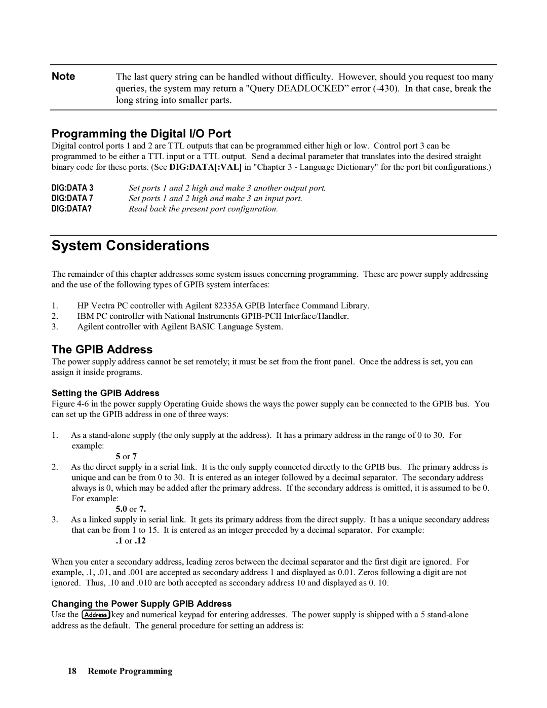 Agilent Technologies 669xA, 665xA manual System Considerations, Programming the Digital I/O Port, Gpib Address, Digdata? 