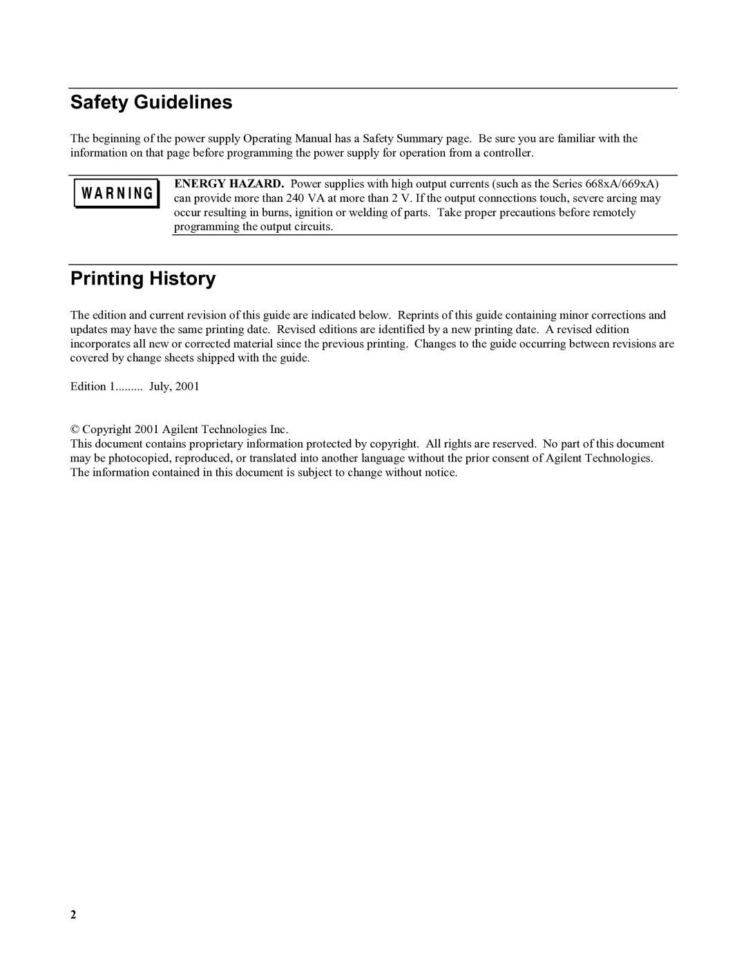 Agilent Technologies 667xA, 665xA, 664xA, 669xA, 668xA manual Safety Guidelines, Printing History 