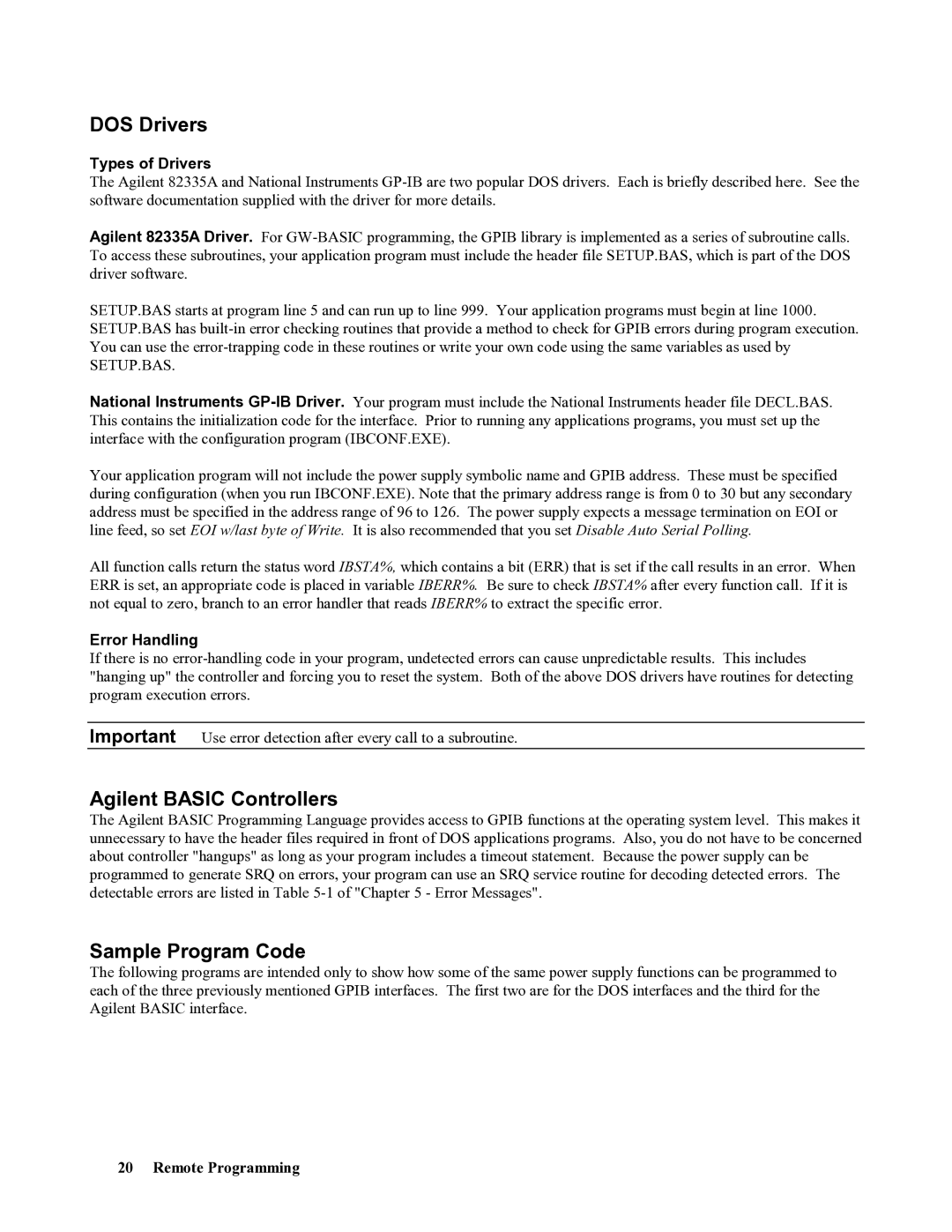 Agilent Technologies 665xA DOS Drivers, Agilent Basic Controllers, Sample Program Code, Types of Drivers, Error Handling 