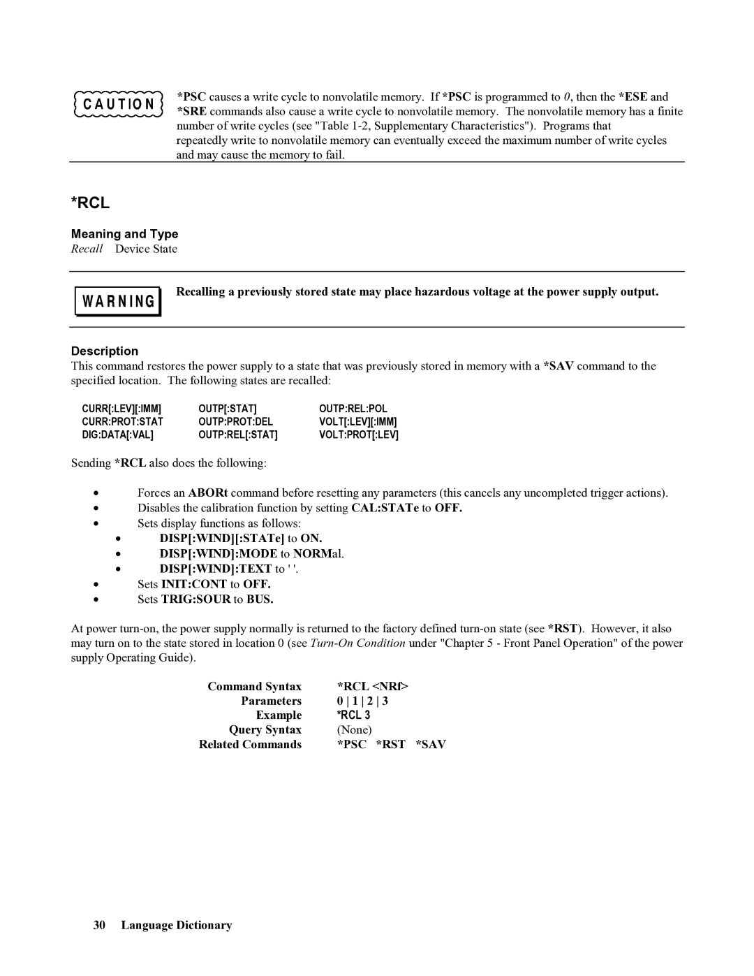 Agilent Technologies 665xA, 664xA, 667xA Rcl, Command Syntax RCL NRf Parameters Example, Query Syntax None Related Commands 