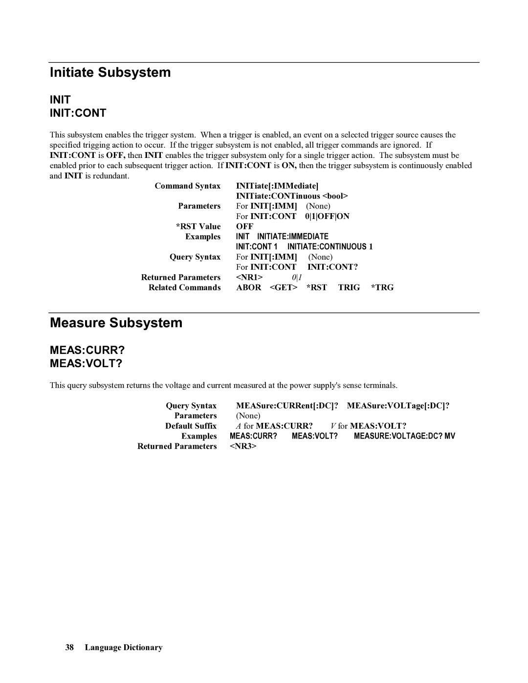 Agilent Technologies 669xA, 665xA, 664xA, 667xA Initiate Subsystem, Measure Subsystem, Init Initcont, Meascurr? Measvolt? 