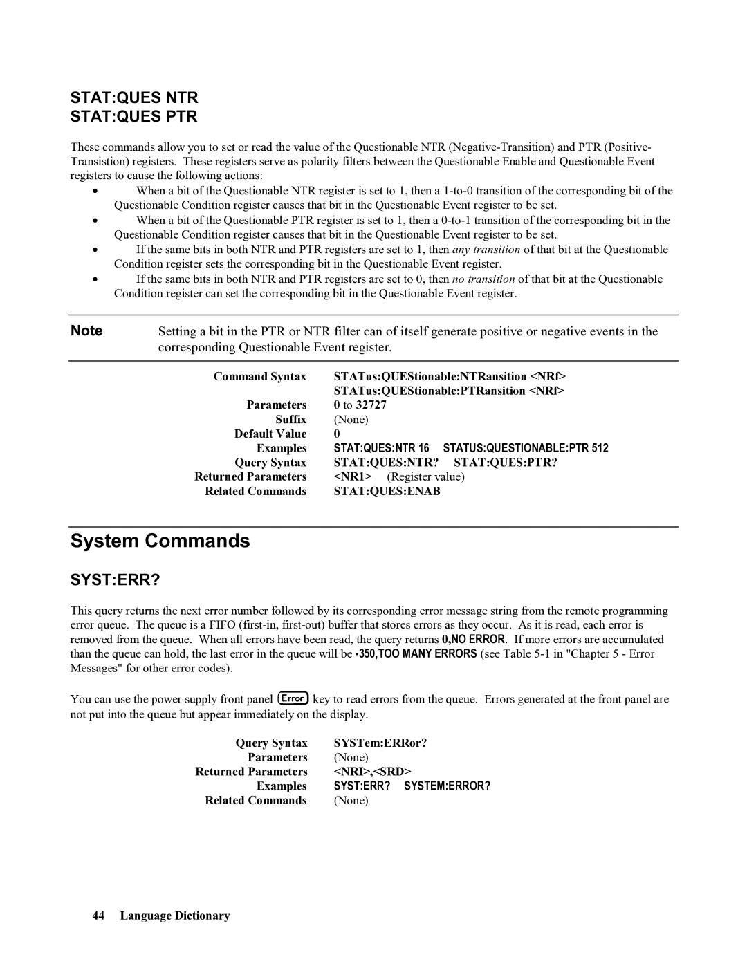 Agilent Technologies 668xA, 665xA System Commands, Statques NTR Statques PTR, Systerr?, Statquesntr Statusquestionableptr 