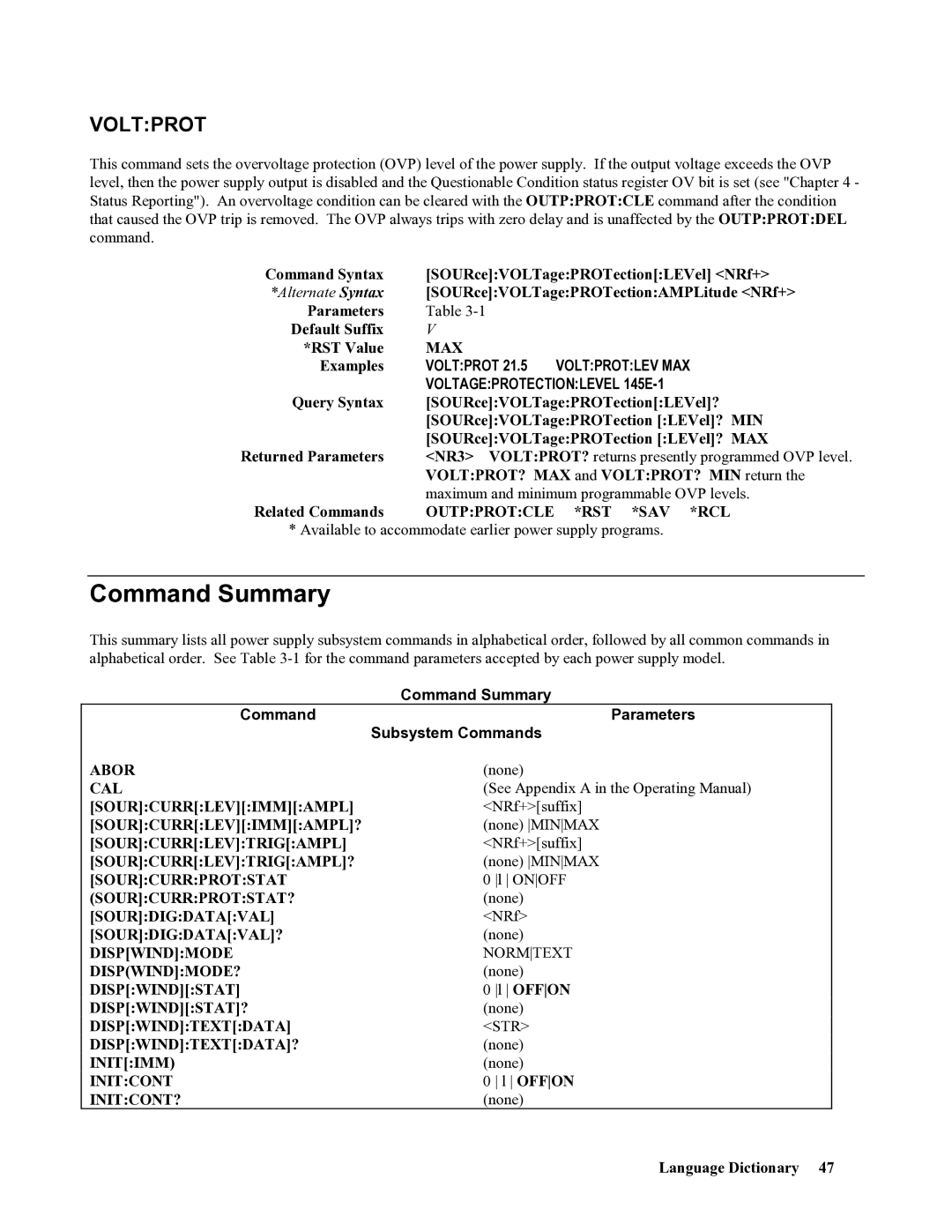 Agilent Technologies 667xA, 665xA, 664xA, 669xA Command Summary, Voltprot Voltprotlev MAX Voltageprotectionlevel 145E-1 