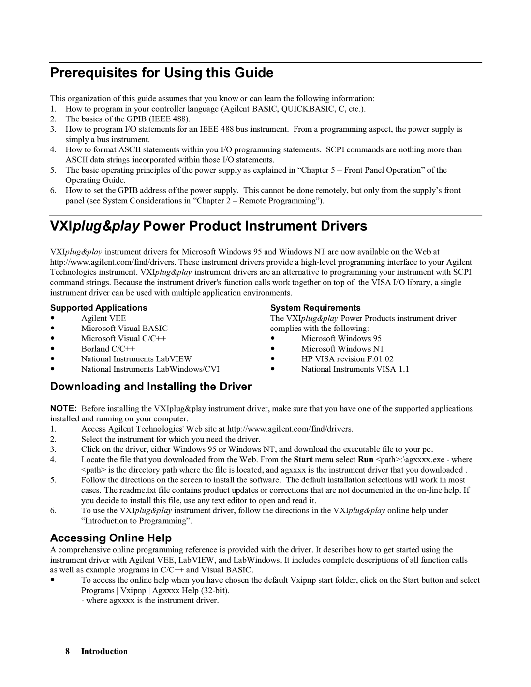 Agilent Technologies 669xA, 665xA, 664xA Prerequisites for Using this Guide, VXIplug&play Power Product Instrument Drivers 